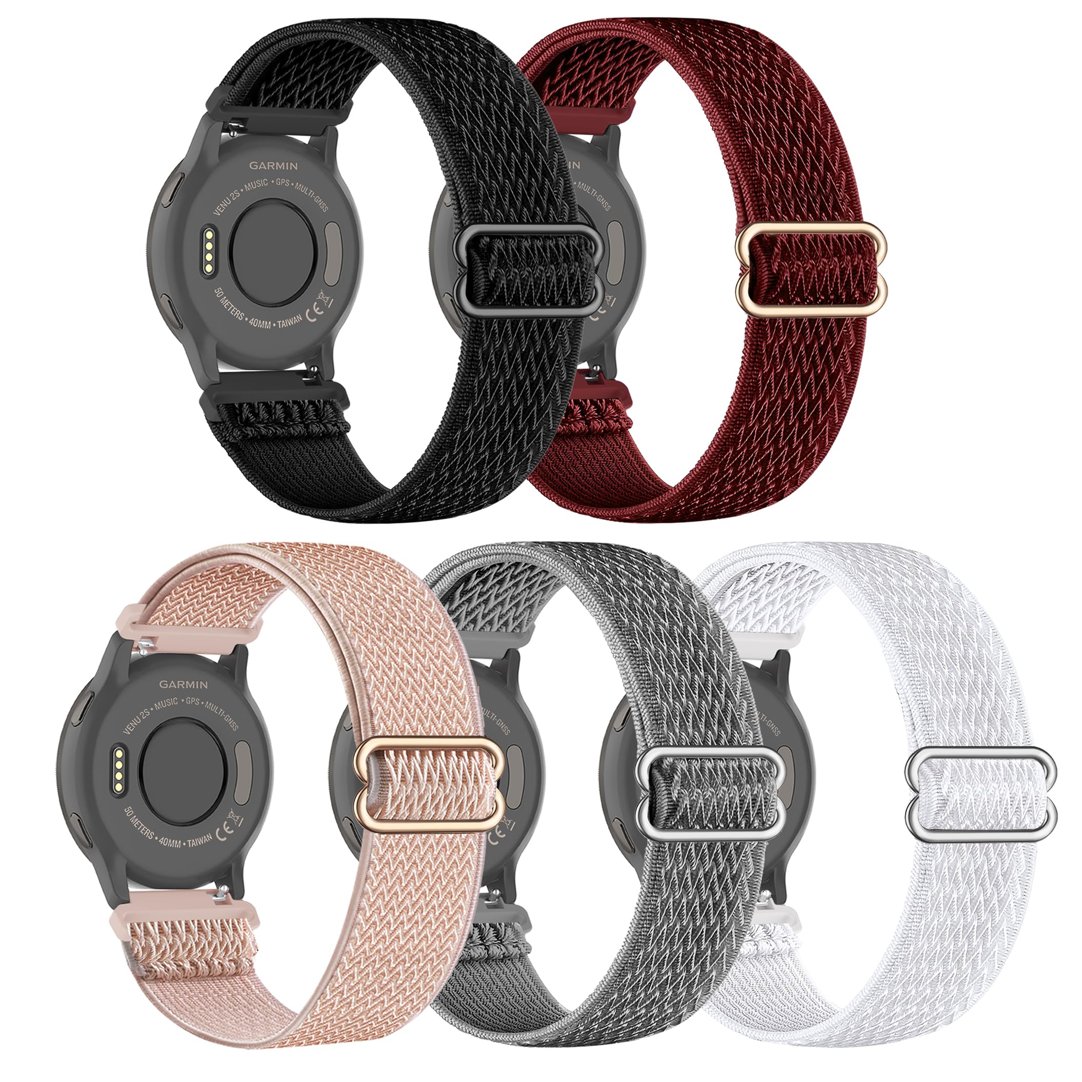 5 Pack Stretchy Nylon Watch Bands Compatible with Garmin Venu 3S/2S/Forerunner 265S,18mm Loop Elastic Fabric Adjustable Sport Strap for Garmin Vivoactive 4S/Forerunner 255S/255S Music Women Men