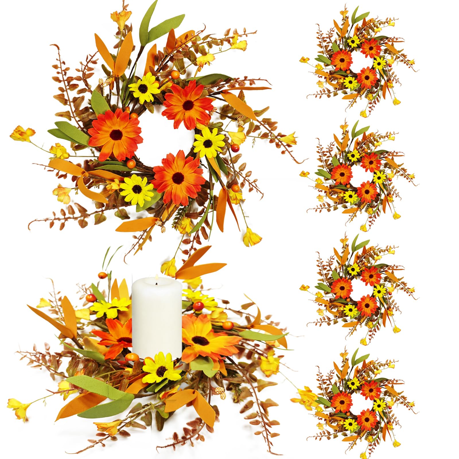 6 Pcs Mini Fall Candle Rings Daisy Centerpieces Autumn Kitchen Wreaths