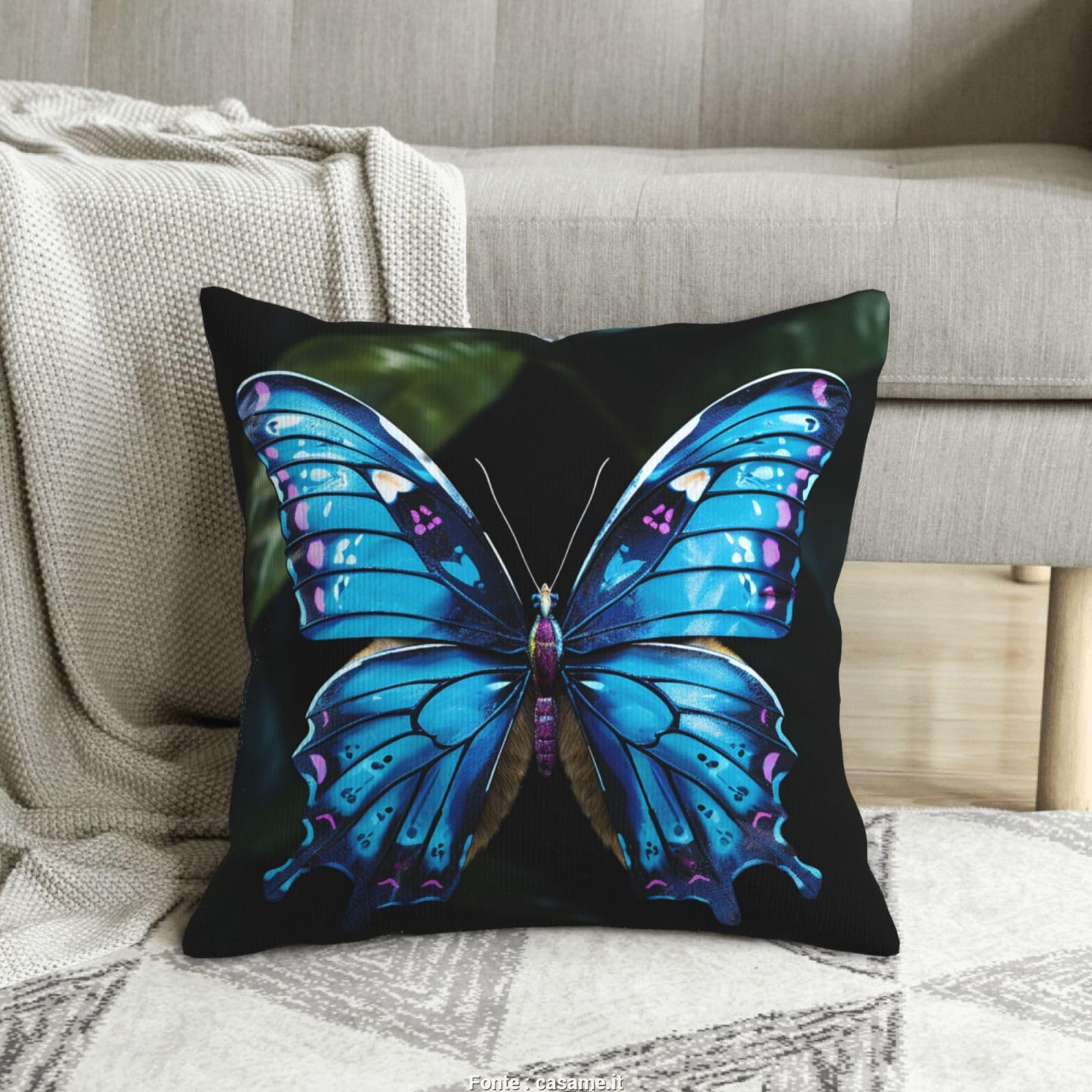 Housses de coussin velours côtelé papillon bleu canapé 40x40