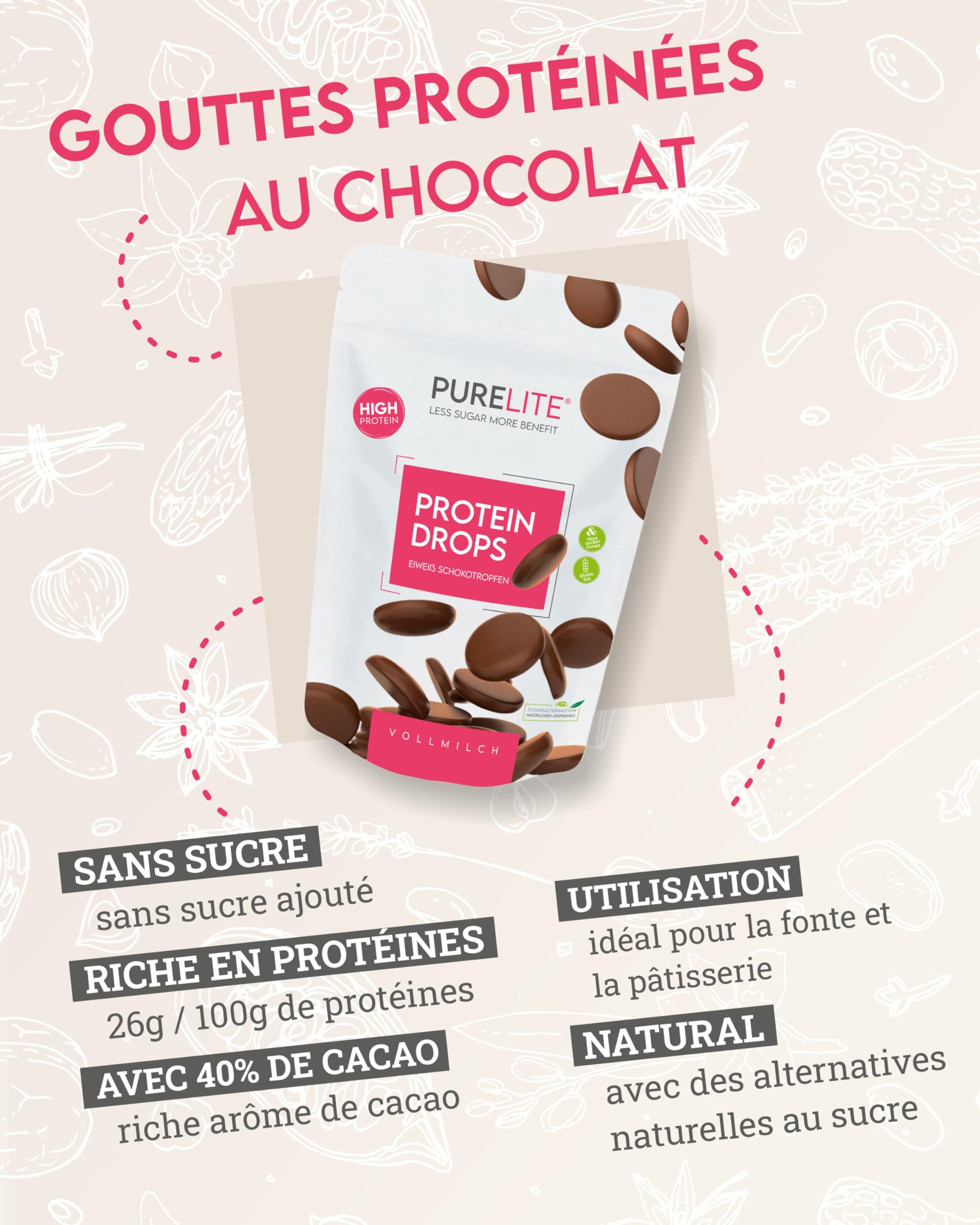 PURELITE Protein Drops au lait, végétarien, haute teneur en protéines 26g/100g, gouttes de chocolat sans sucre ajouté, érythritol, stévia, faible en calories, snack, cuisson, fonte, couverture, 450g