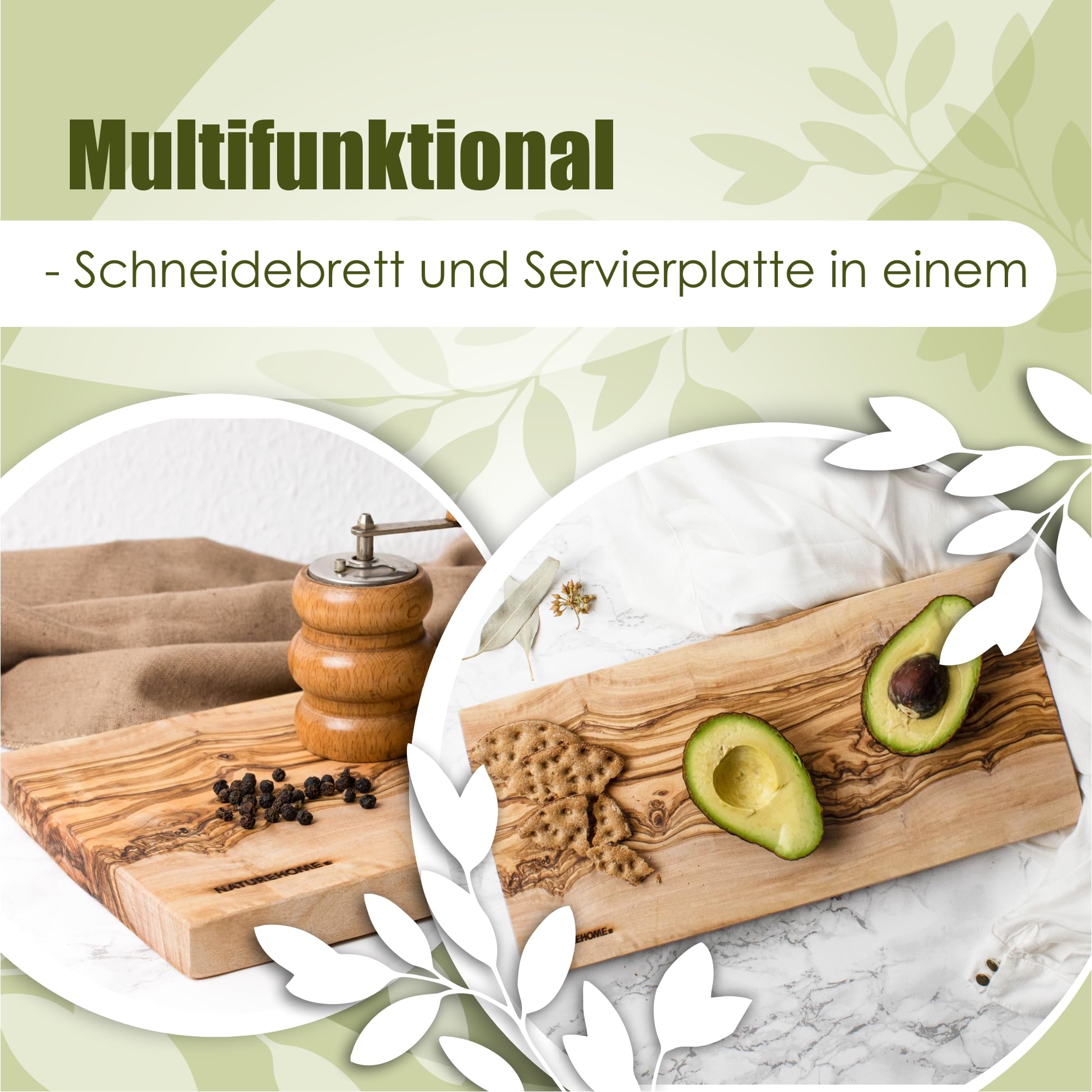 NATUREHOME Olivenholz Schneidebrett Massiv – Servierbrett & Frühstücksbrett aus Echtholz, Handgefertigt, Nachhaltig, ca. 35 x 18 x 2 cm