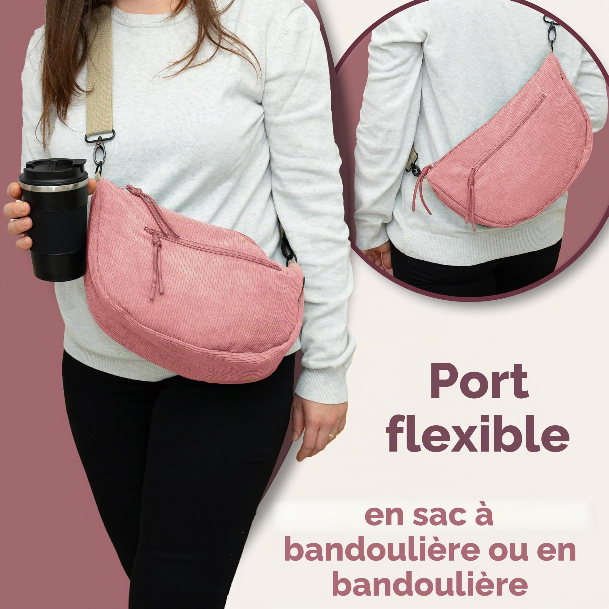 Jubi Moon Bag Sac à langer en velours côtelé rose – Organiseur de poussette avec fixation pour poussette, sac bandoulière pour femme, petit sac à langer avec compartiments et porte-bouteilles, sac à