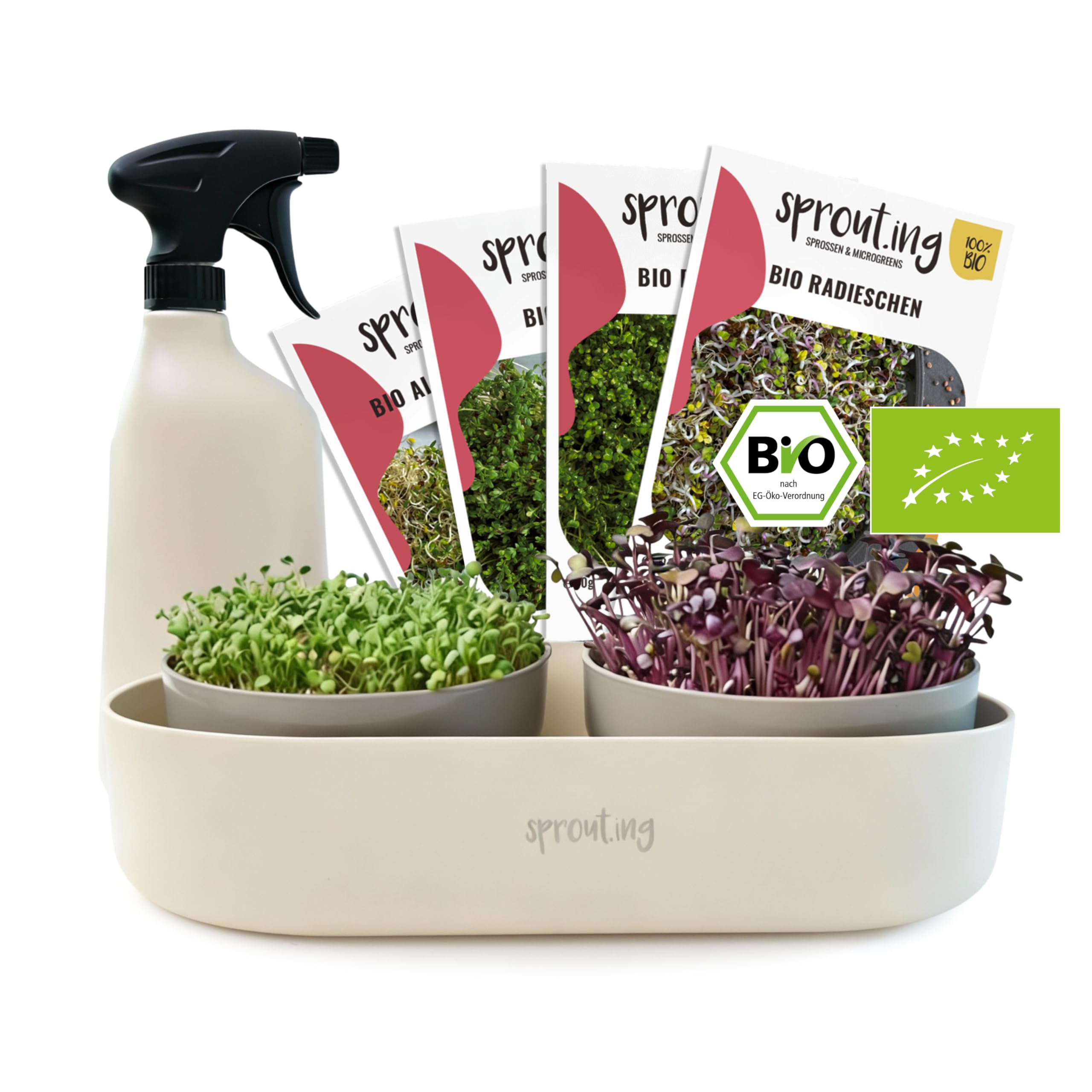 Plantura Bio-Sprossen Anzucht-Set (Komplett), keimstarkes Bio-Saatgut, für Sprossen & Microgreens, BPA-frei & spülmaschinengeeignet, 4 Sorten, bis zu 36 Ernten