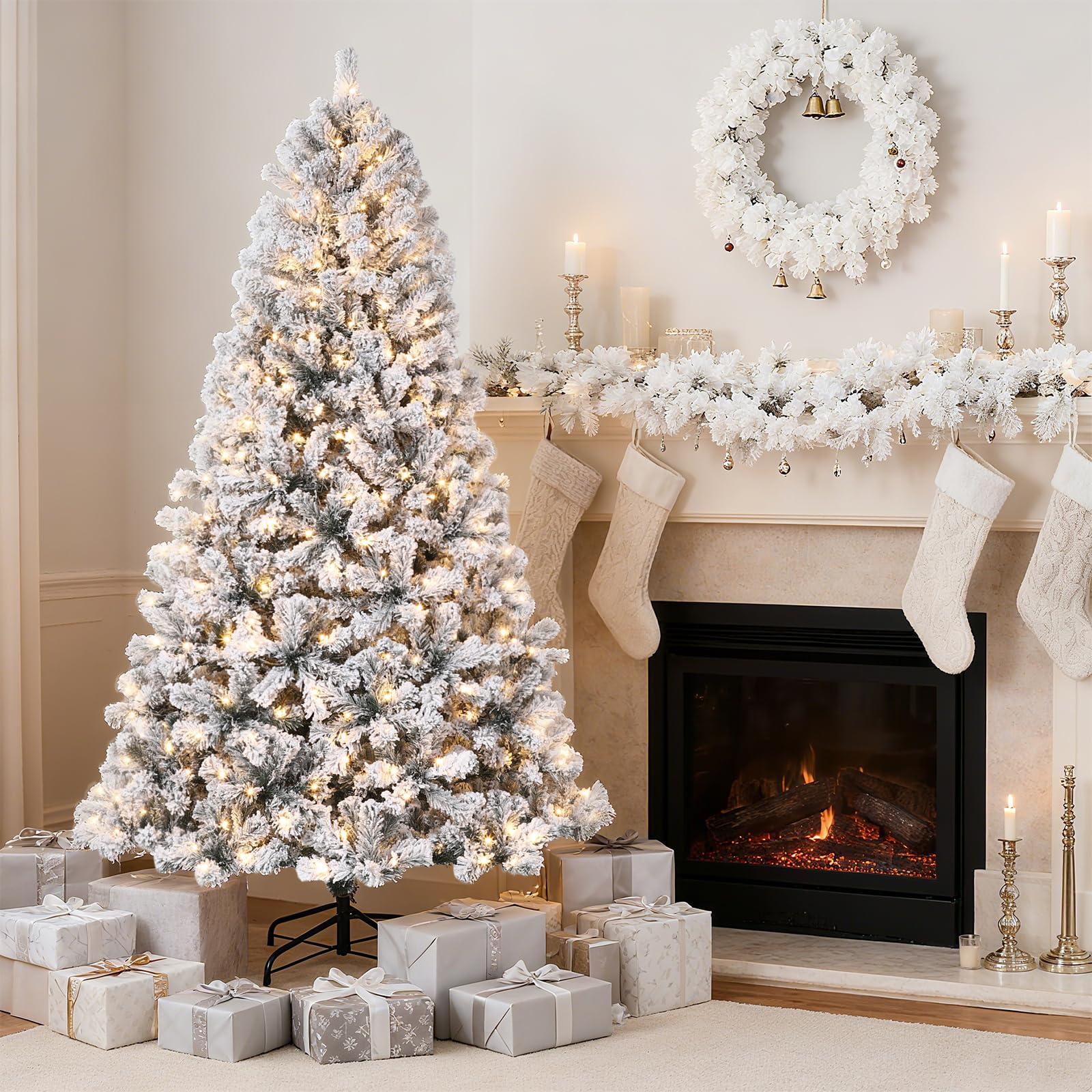 7.5FT PreL Christmas Tree, Snow Flocked Artificial Xmas Tree with 1284 Branch Tips & Foldable Metal Stand, Holiday Party Decorations for Home Office, Easy Assembly