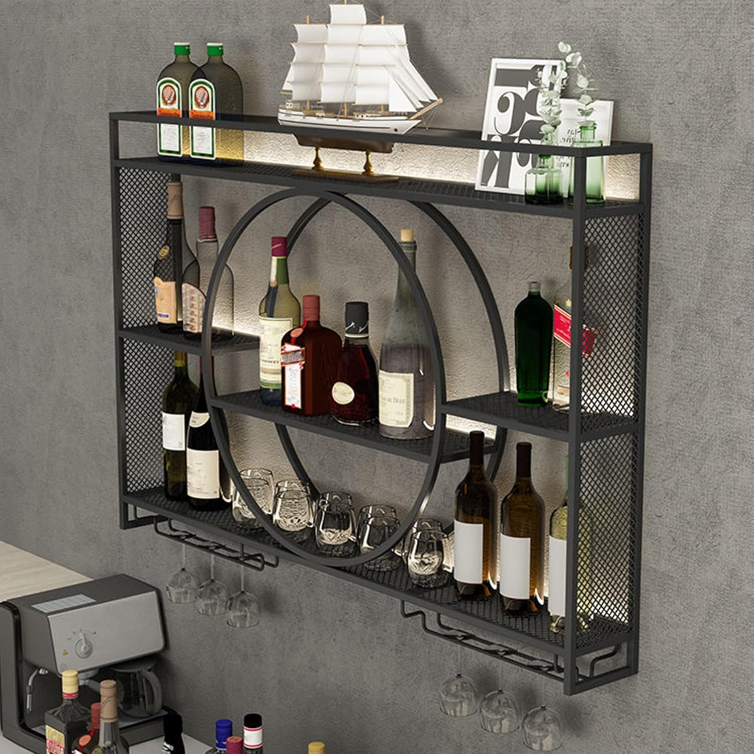 Wall Mounted Wine Rack - Hanging Wine Glass & Champagne Storage, Floating Iron Display Shelves for Wine Bottles, Perfect for Home, Kitchen, Restaurant & Bar Décor