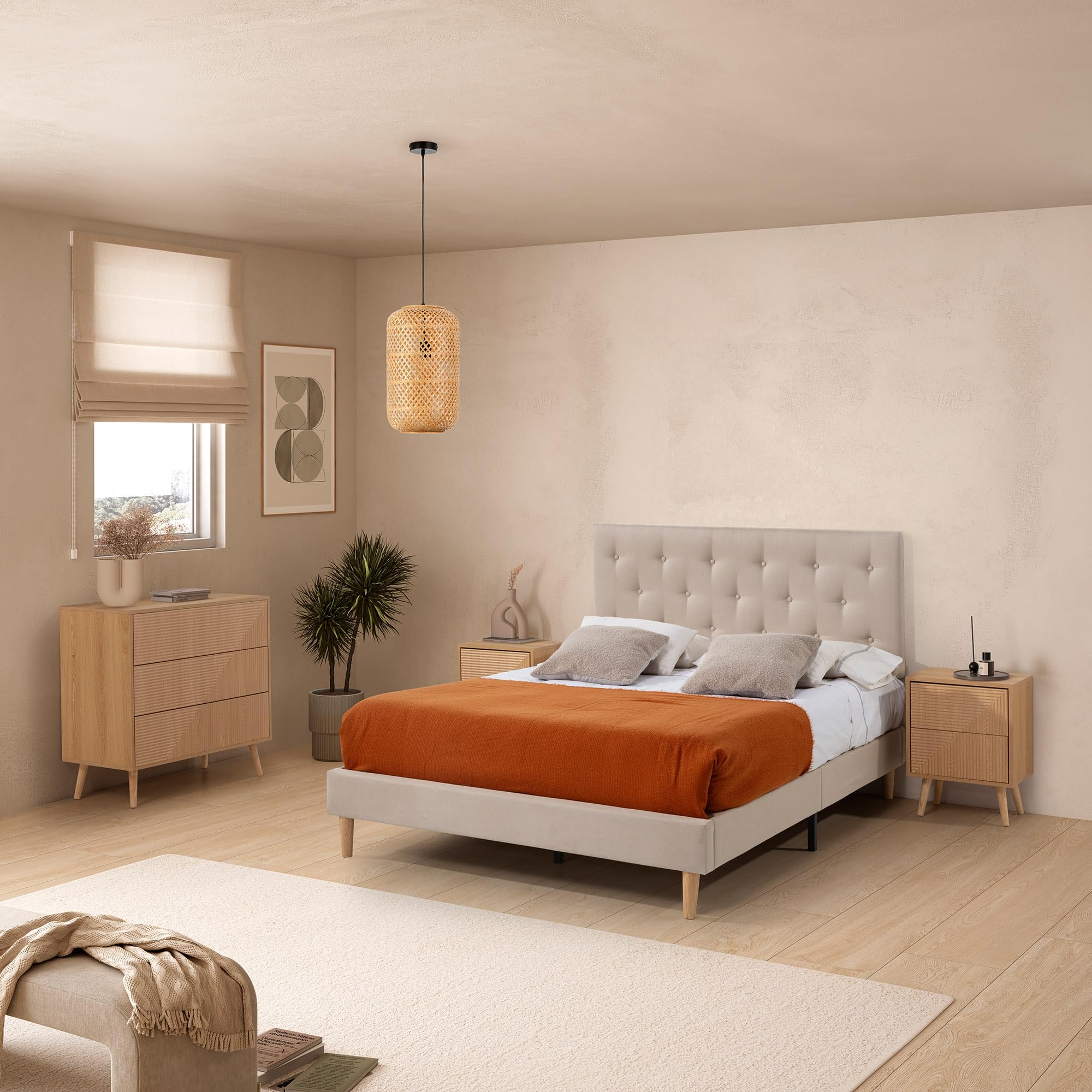 HOMN LIVING Mesita de Noche Telmo 2 cajones Color Roble, 40 cm (Ancho) 30 cm (Profundo) 55 cm (Altura)