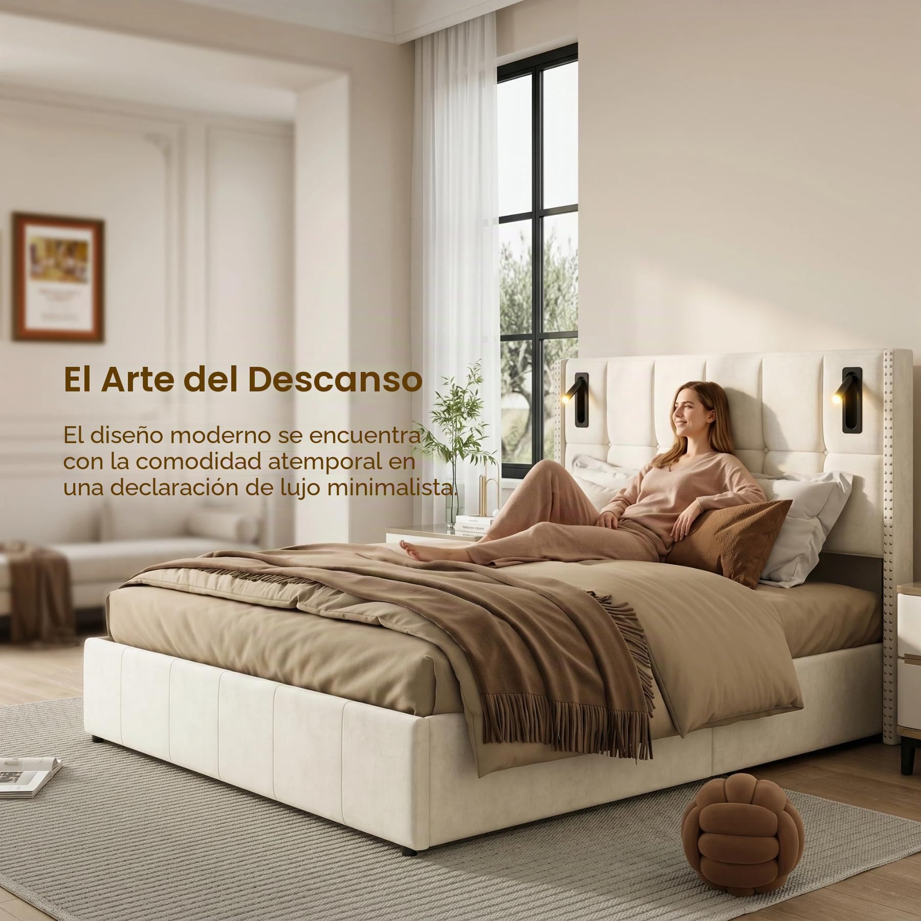 BRILVERDE Cama Tapizada 160x200 con Almacenamiento hidráulico, Cama matrimonial con lámpara de mesita, Cabecero Acolchado y Base de Láminas, Terciopelo (Beige, 160 x 200 cm)