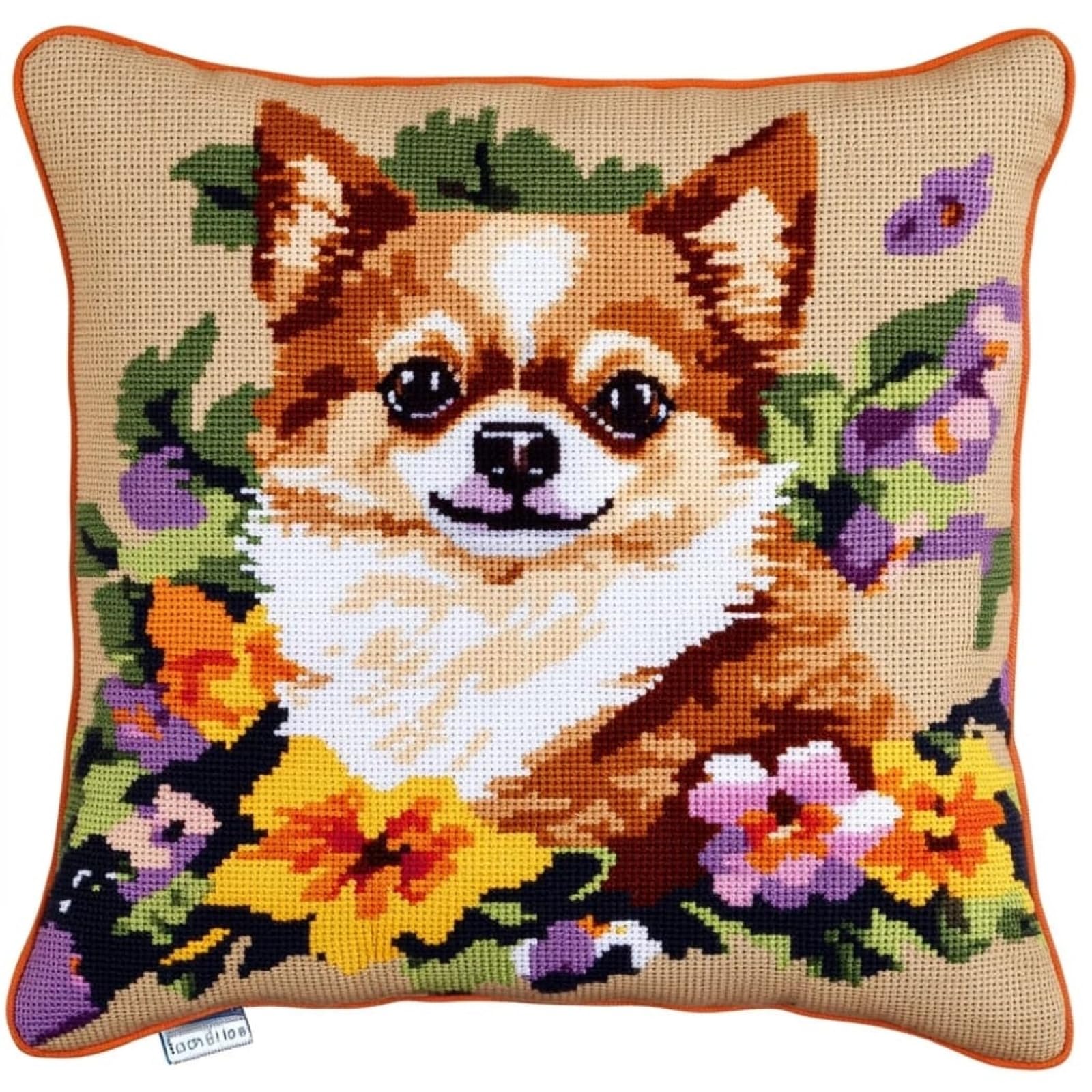 WallustrioaW DIY Stamped Cross Stitch Pillow Kits,Chihuahua in the Flower Bushes 11CT Needlepoint Handmade Cushion Cover Home Sofa Christmas Decoration 45x45cm