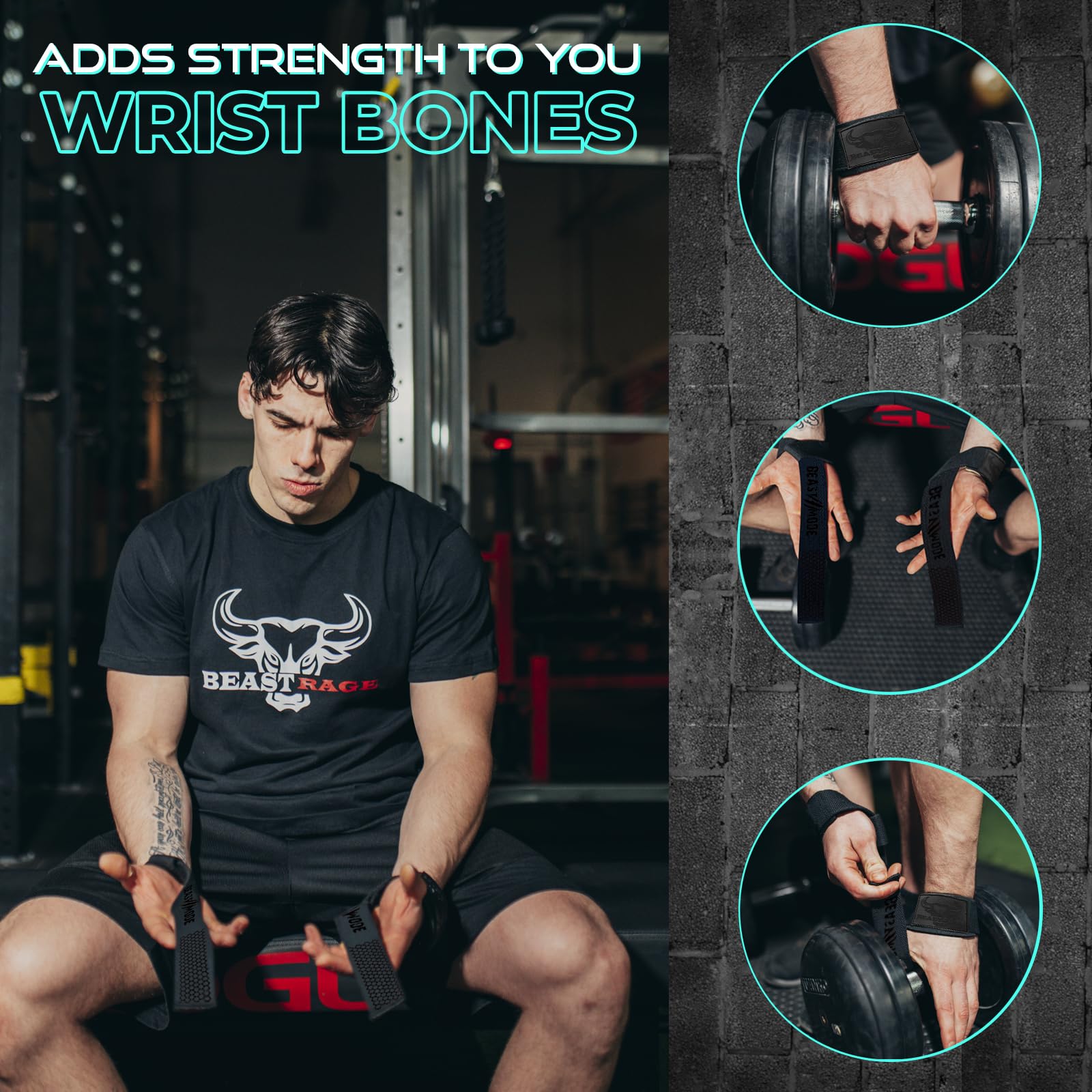 BEAST RAGE Straps Palestra Cinghie per Sollevamento Pesi Imbottite, Supporto per i Polsi, Cinghie per Fitness e Palestra, con Presa Flessibile Gel Fasce Polsi Accessori