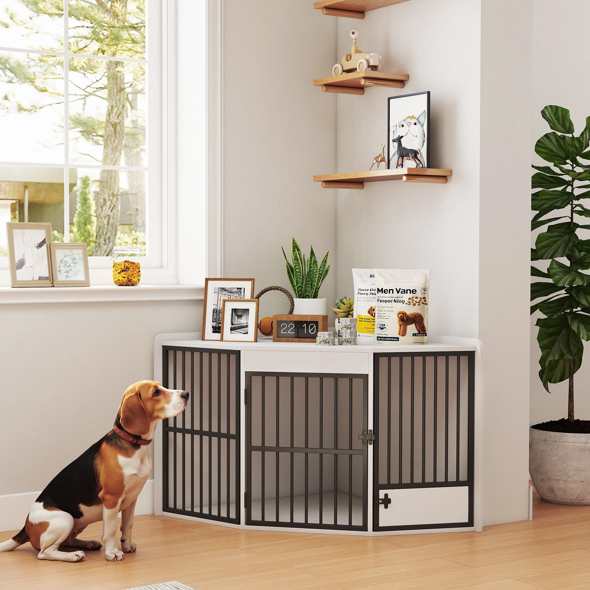 PawHut Eck-Hundekäfig Hundebox für Zuhause, Abschließbare Hundehütte Indoor mit drehbare Fütterungstür Hundehaus für kleine/mittlere Hunde Weiß 113 x 80 x 64 cm