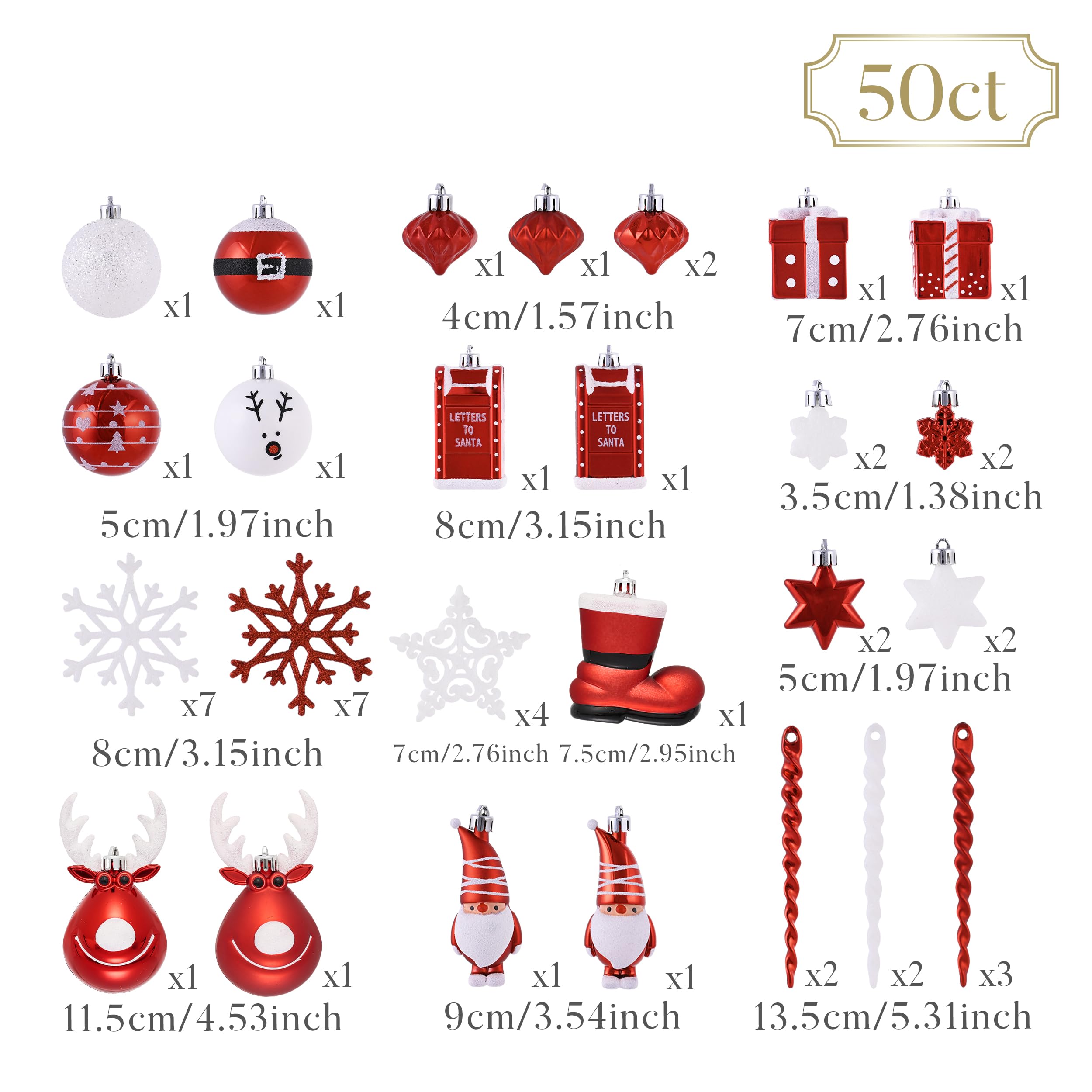 Victor's Workshop Lot de 50 boules de Noël en plastique avec crochet de suspension - Décoration de Noël - Rouge et blanc - Thème M
