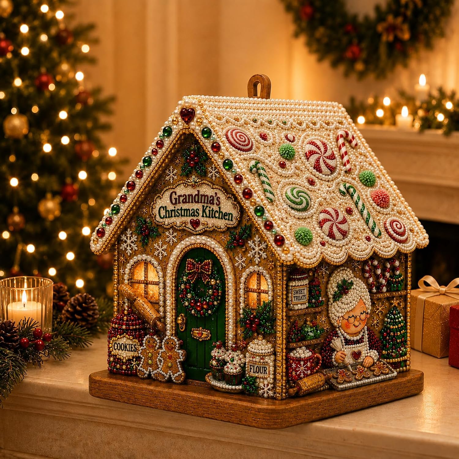 HOIDOKLY 3D Wooden House Christmas Diamond Art Kit for Adults, Christmas Crafts for Adults with Pearl Beads & Resin Gems, DIY Hanging 3D Pearl Art Kit & Wall Decor Gift, B