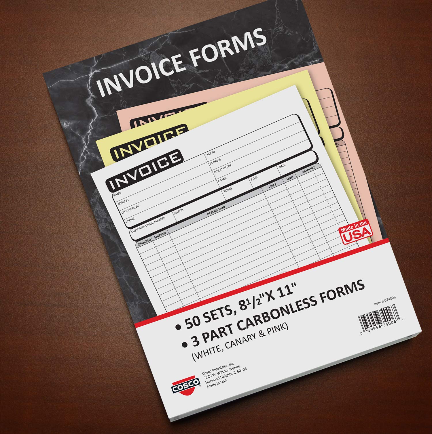 CoscoInvoice Form Book with Slip, Business, 8 1/2 x 11, 3-Part Carbonless, 50 Sets (074006)