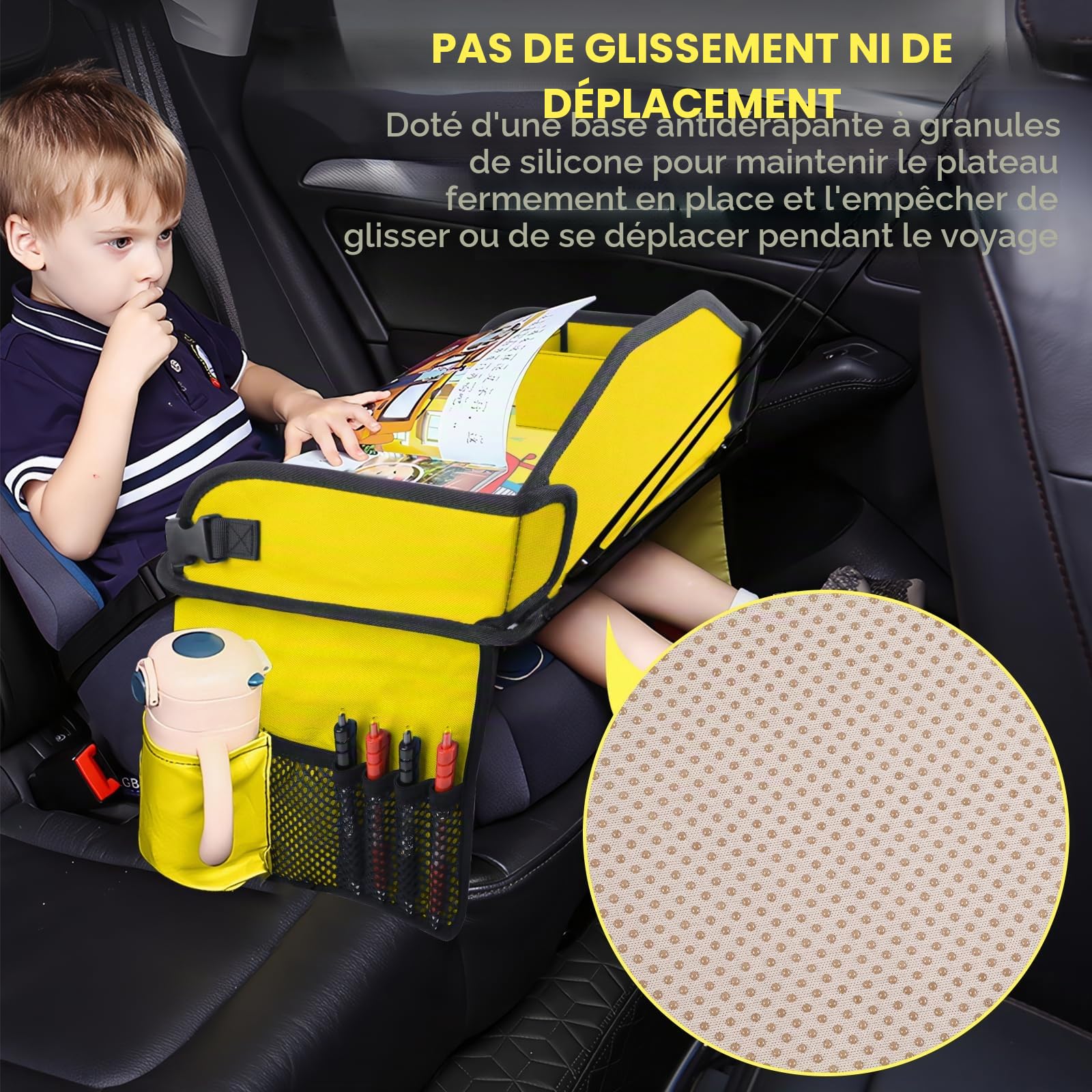 Plateau Voiture Enfant, Plateau de Voyage avec Planche à Dessin, Organisateur Voiture pour Siège Enfant avec Plusieurs Compartiments, Facile à nettoyer (Dinosaure)