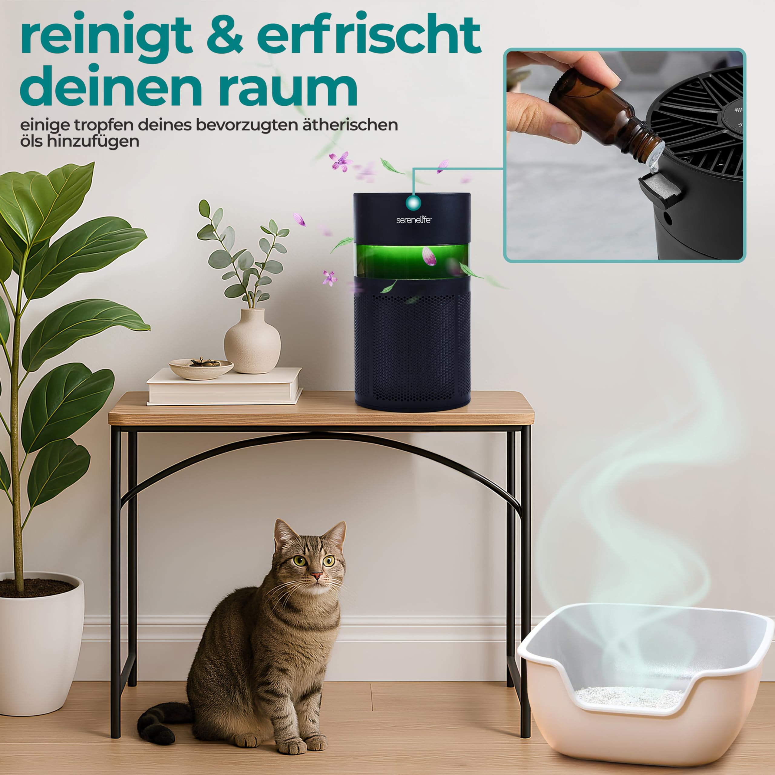 SereneLife Luftreiniger mit HEPA-13 Filter, Luftfilter Allergiker 99.97% Entfernung, gegen Staub Pollen Tierhaare Gerüche- mit Aromatherapie, Nachtlicht, Timer und Touch Steurung, 24db
