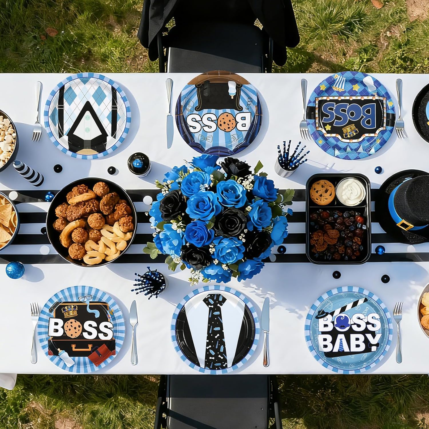 60Pcs Boss Birthday Paper Plates - 7" Large Blue Black Boss Boy Dessert Cake Paper Plates Disposable Blue Feeding Bottle Black Tie Platters for Kids Boys Baby Shower Birthday Party Decorations