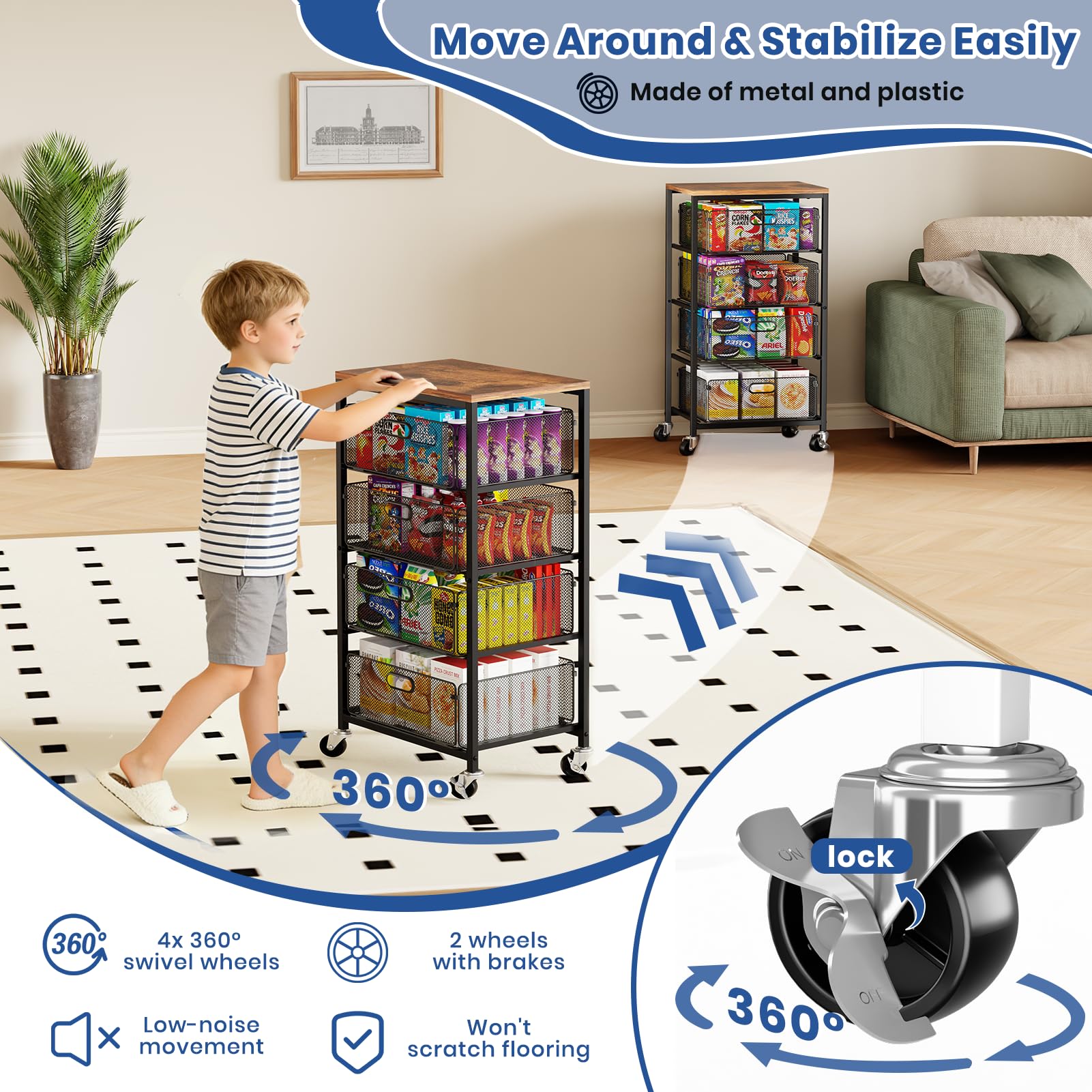 WELDUN Carrello con cassetti, 4 ripiani, con ruote bloccabili | Carrello portaoggetti in metallo, per cucina, bagno, scuola, studio, ufficio, camera da letto, nero