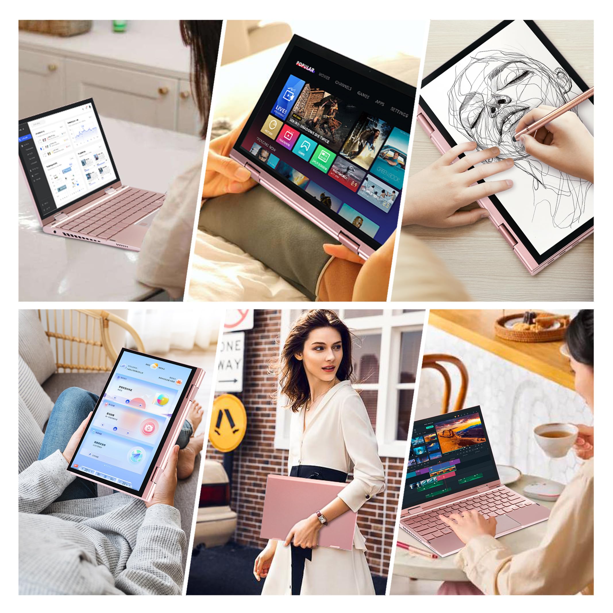 Mini Laptop 2 in 1 10.95" Touch Screen Notebook Convertibile 360° Win 11 Pro Celeron N95 16GB DDR5 256GB SSD 2000x1200 Tastiera Italiana Retroilluminata Stilo Oro Rosa