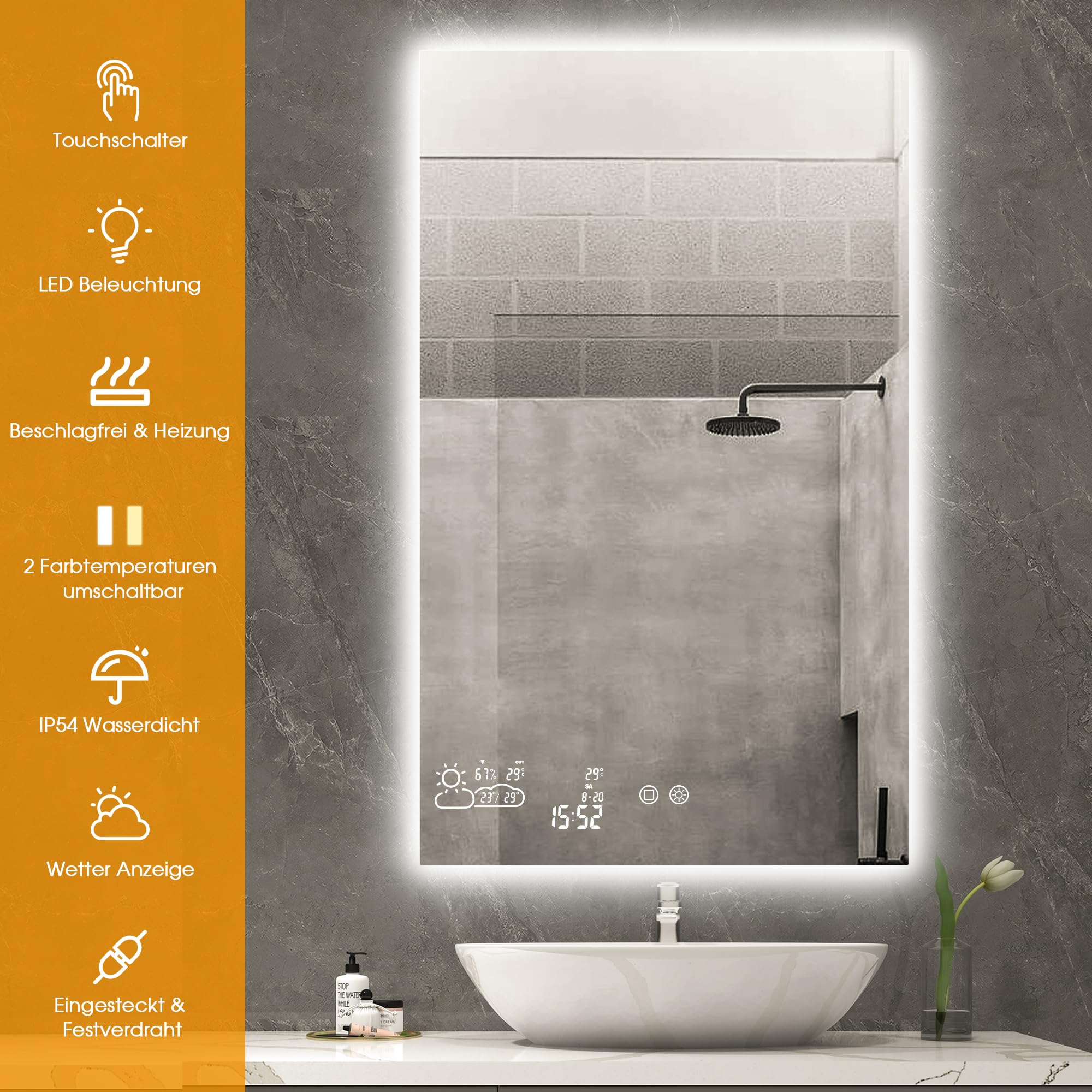 byecold Infrarotheizung 350W Spiegelheizung Spiegel Heizung Infrarot Badspiegel mit Wetter Touchschalter Smart WiFi Badezimmerspiegel mit LED Beleuchtung Warm/Kalt - Vertikal 60X100CM