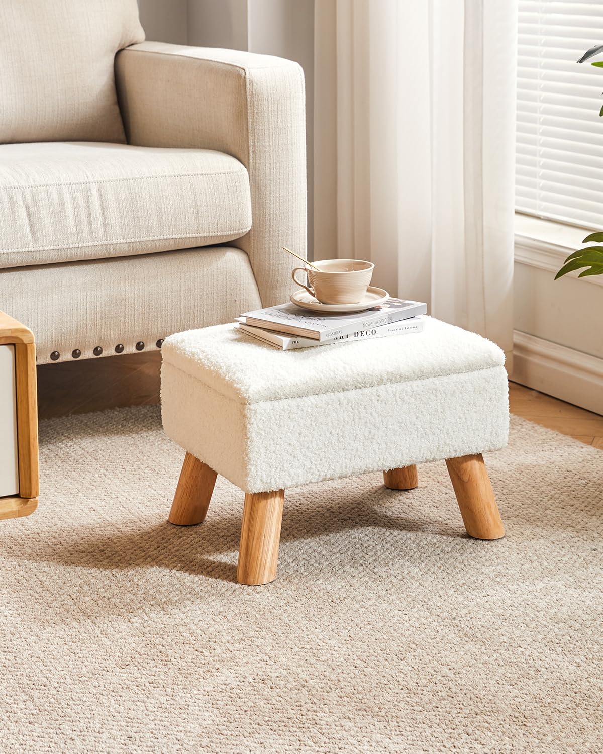 YMYNY Pouf de rangement, repose-pieds avec pieds en bois robustes, repose-pieds avec siège rembourré, pour salon, chambre à coucher, canapé, Enterway - 40 x 30 x 28 cm, blanc HBD042W