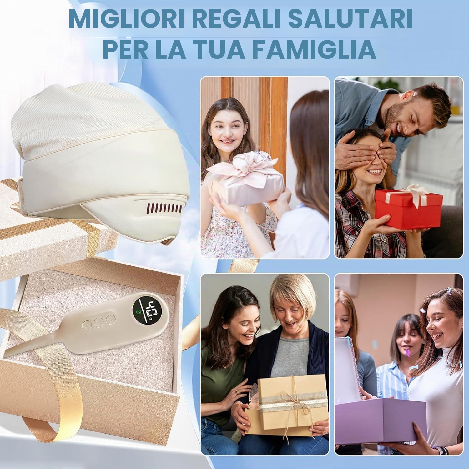 iKeener Elettrico Testa Massaggiatore,360°Full Coverage Portatile,Occhio,Collo Massaggio Con Calore,Impastare,Premere,Modalità Regolabili,Dolore e l'ansia Sollievo,Stress Relax,Tensione,Sonno Profondo
