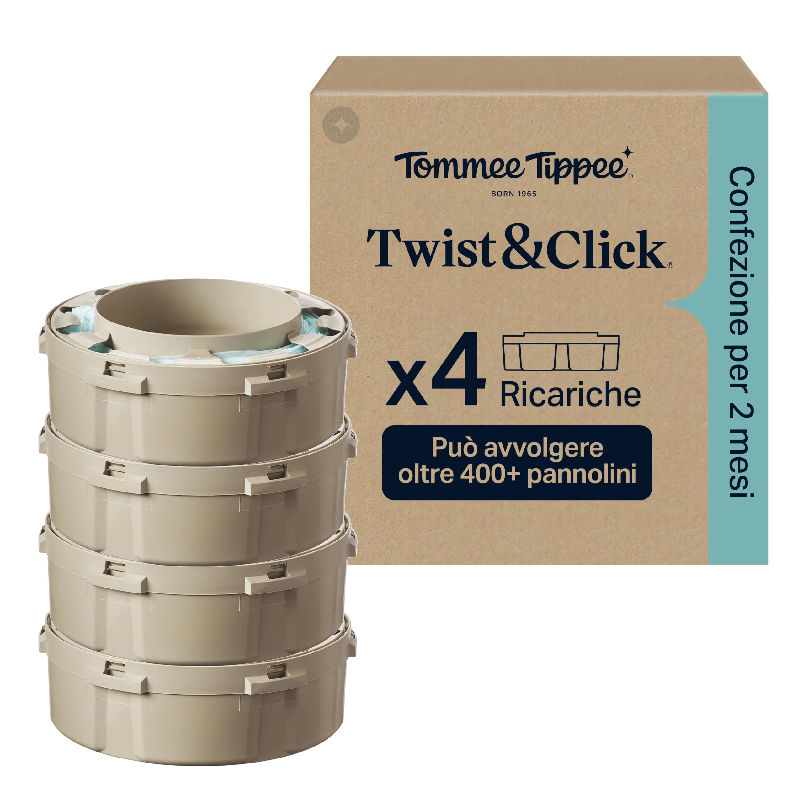Tommee Tippee Ricariche originali per mangiapannolini Twist & Click | confezione esclusiva da 4 ricariche di 10, 5 metri l’una, praticità e risparmio, 4 X 10, 5 m (la confezione può variare)
