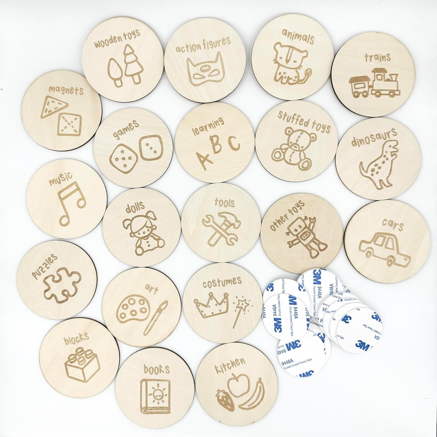 Wooden Toy Labels – 20 Trofast Tags with 3M Tape – Kids’ Room & Playroom Organization – Art by @vieli_arte (Wood + 3M). Bins and Wooden Structure are NOT Included.