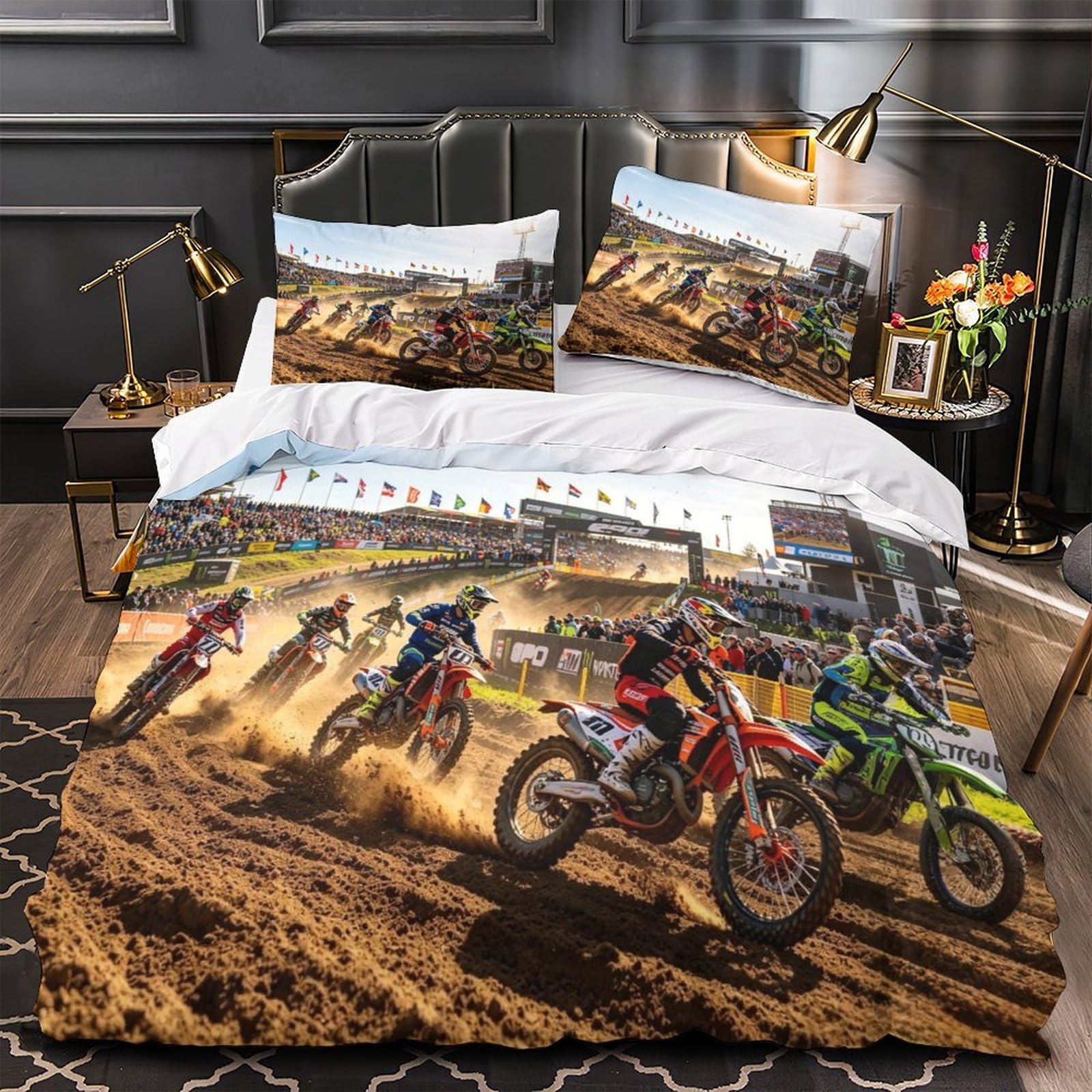 DAFUfbw Dirt Bike Comforter Cover With Hidden Zipper King（220x240cm）, Motorcycle Race Duvet Cover with Pillowcases, Bedding Set Soft Microfiber Quilt Cover Set