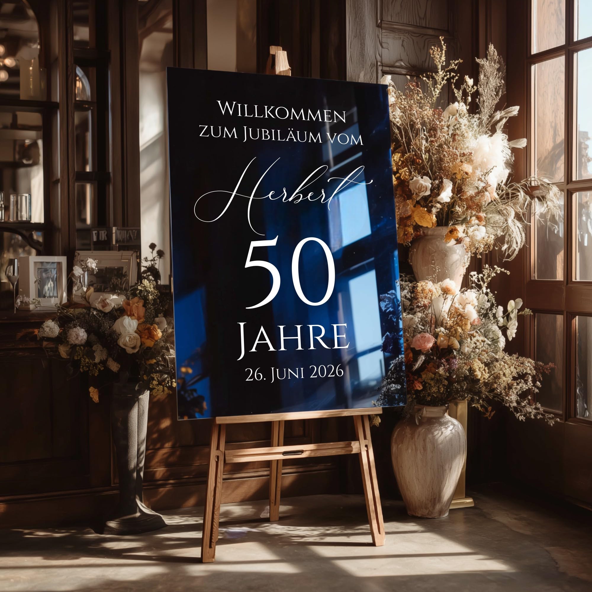 Willkommensschild Hochzeit personalisiert Acrylglas Blau Hochglanz – elegante Deko für Empfang, Party & Events – Made in Germany