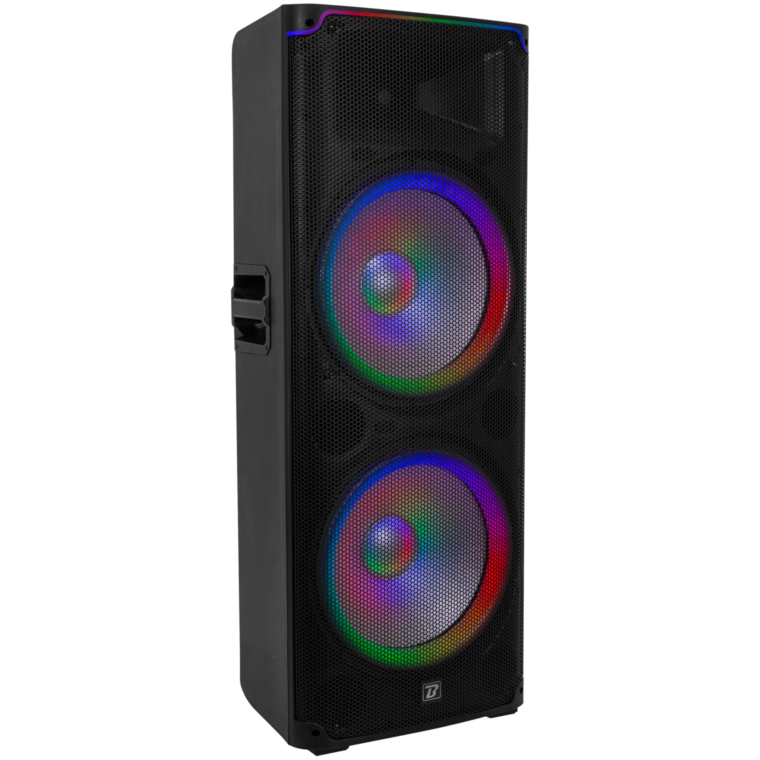 BoomToneDJ BS215A LED – Enceinte Sono Active 2x15 avec Bluetooth, USB/SD, Radio FM et éclairage LED intégré pour soirées, karaoké, Bars et événements. Puissance de 250 W RMS.