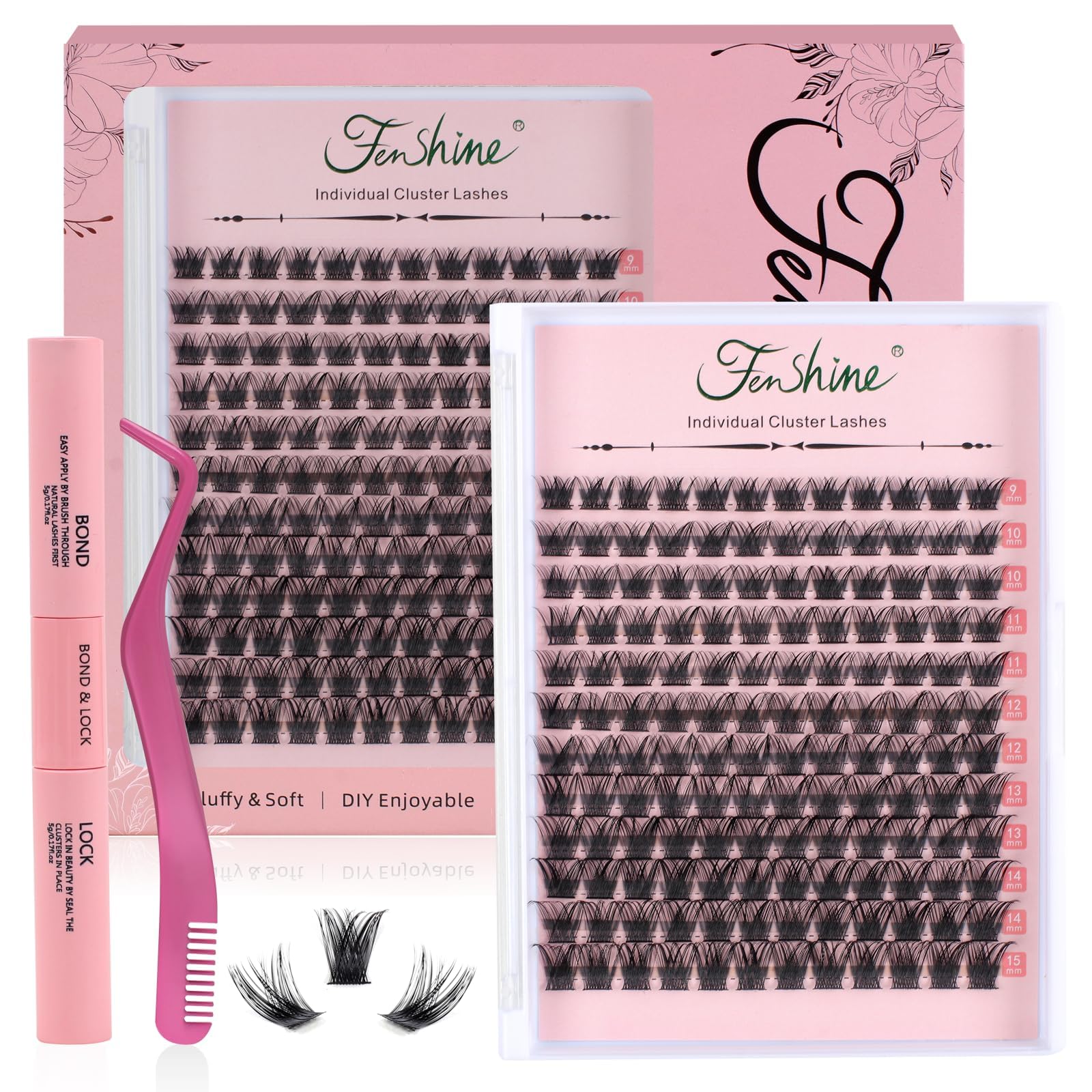 Fenshine Cluster LashesIndividual Lashes Wide Stem C/D Curl 9-15mm Length DIY Eyelash Extension Individual Soft False Lashes for Personal Use at Home (MIX 9-15mm, T02)