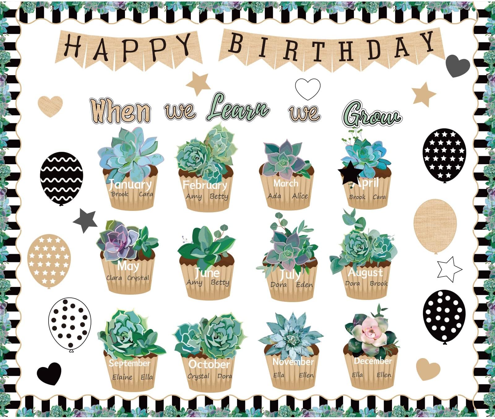 47pcs Happy Birthday Bulletin Board Set with Bulletin Board Borders Boho Potted Succulents Cut-Outs Classroom Birthday Decoration Cutouts for Calendars Bulletin Boards Back to School Decoration