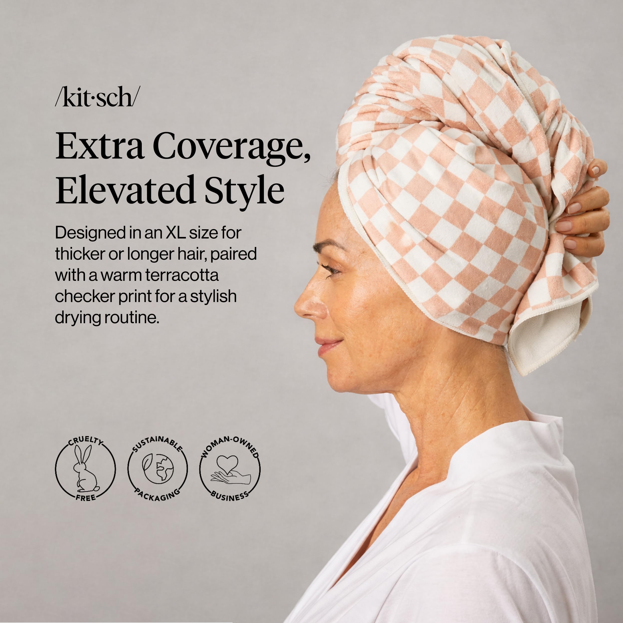 Close-up of the Kitsch XL Microfiber Hair Towel in Terracotta Checkered pattern, highlighting its texture.