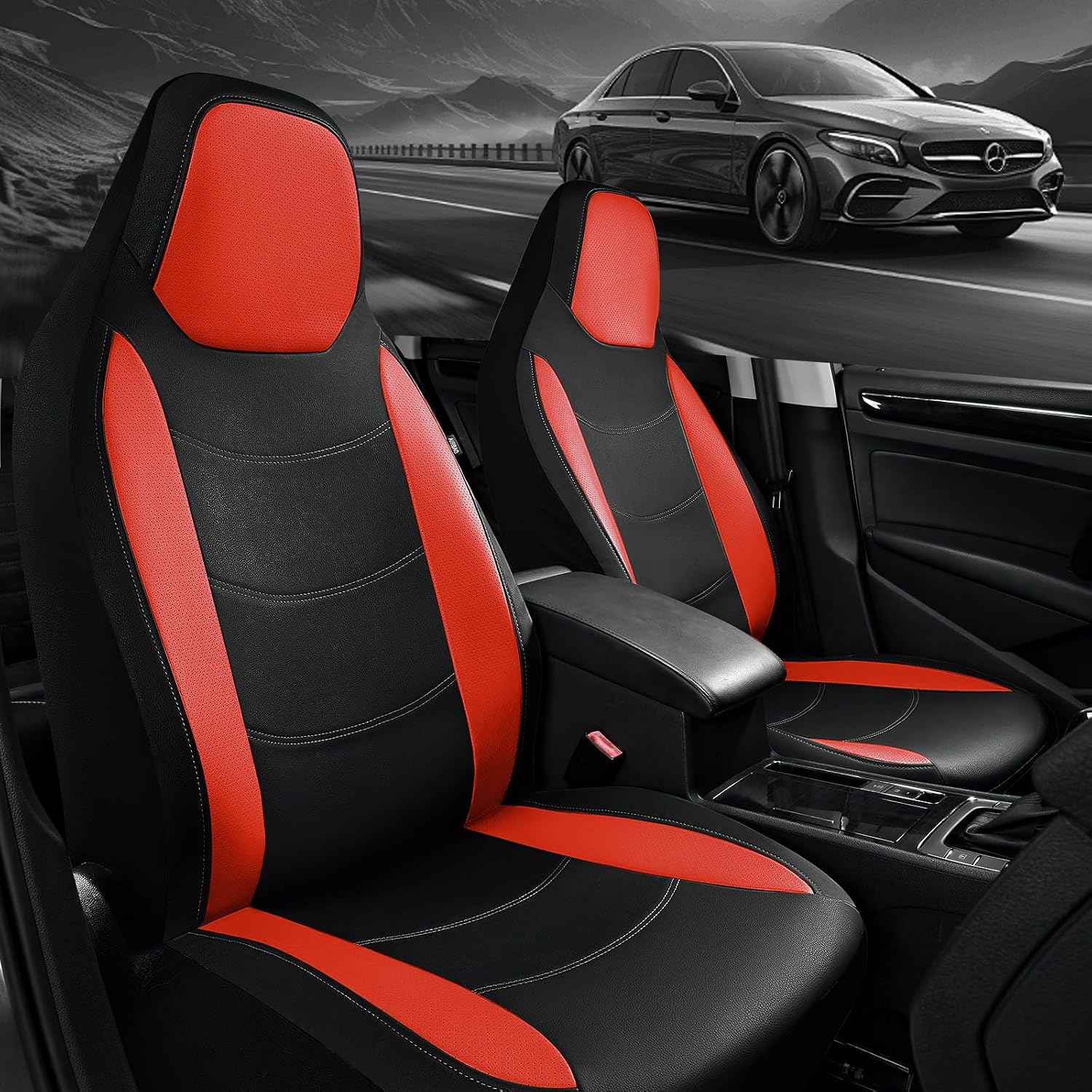 Road Comforts Car Seat Cover, Leather Seat Covers, Automotive High Back Front Car Seat Covers, Airbag Compatible, Universal Fit for Most Cars (Red)