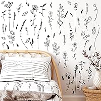 Vista 3 de Kazova Calcomanías de pared de hojas florales, calcomanías de pared de flores silvestres negras, ramo de plantas botánicas, calcomanías de pared