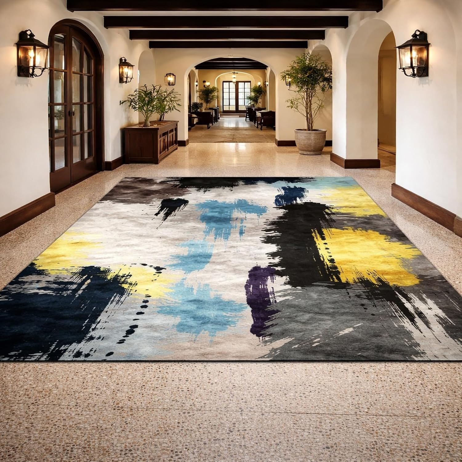 Tapis Lavable Chambre Moderne Noir Jaune Bleu, Noir, 140 x 200 cm