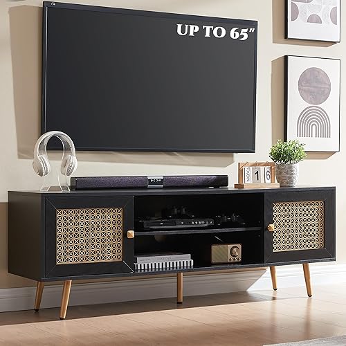 JYED DECOR Soporte de TV de madera de mediados de siglo con estantería abierta y 2 gabinetes para televisores de hasta 65 pulgadas (nogal oscuro)