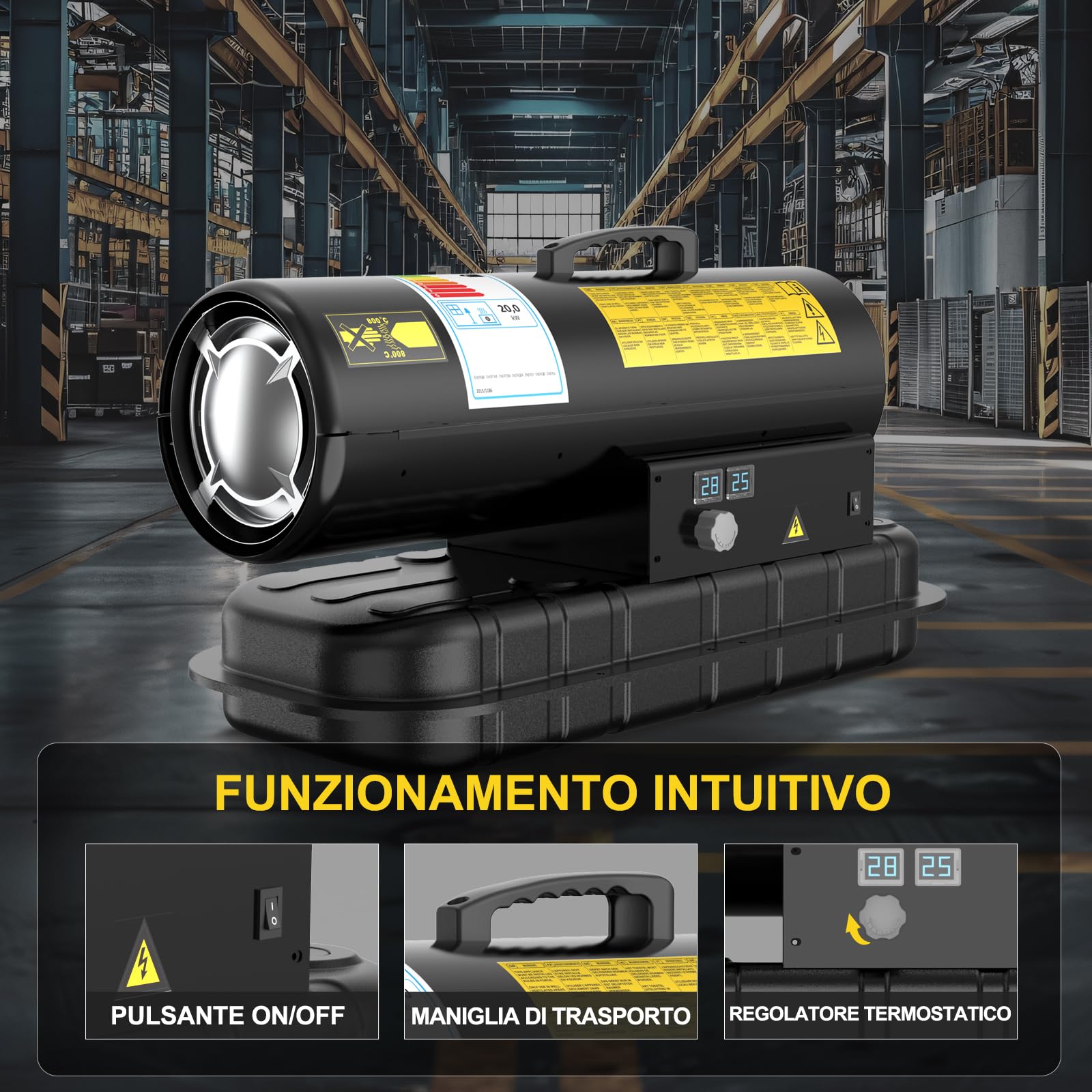 Riscaldatore Diesel 20 kW - Termoventilatore Industriale | Portata 550 m³/h - Termostato Regolabile & Indicatore Livello Gasolio - Per Officine, Cantieri, Uso Agricolo