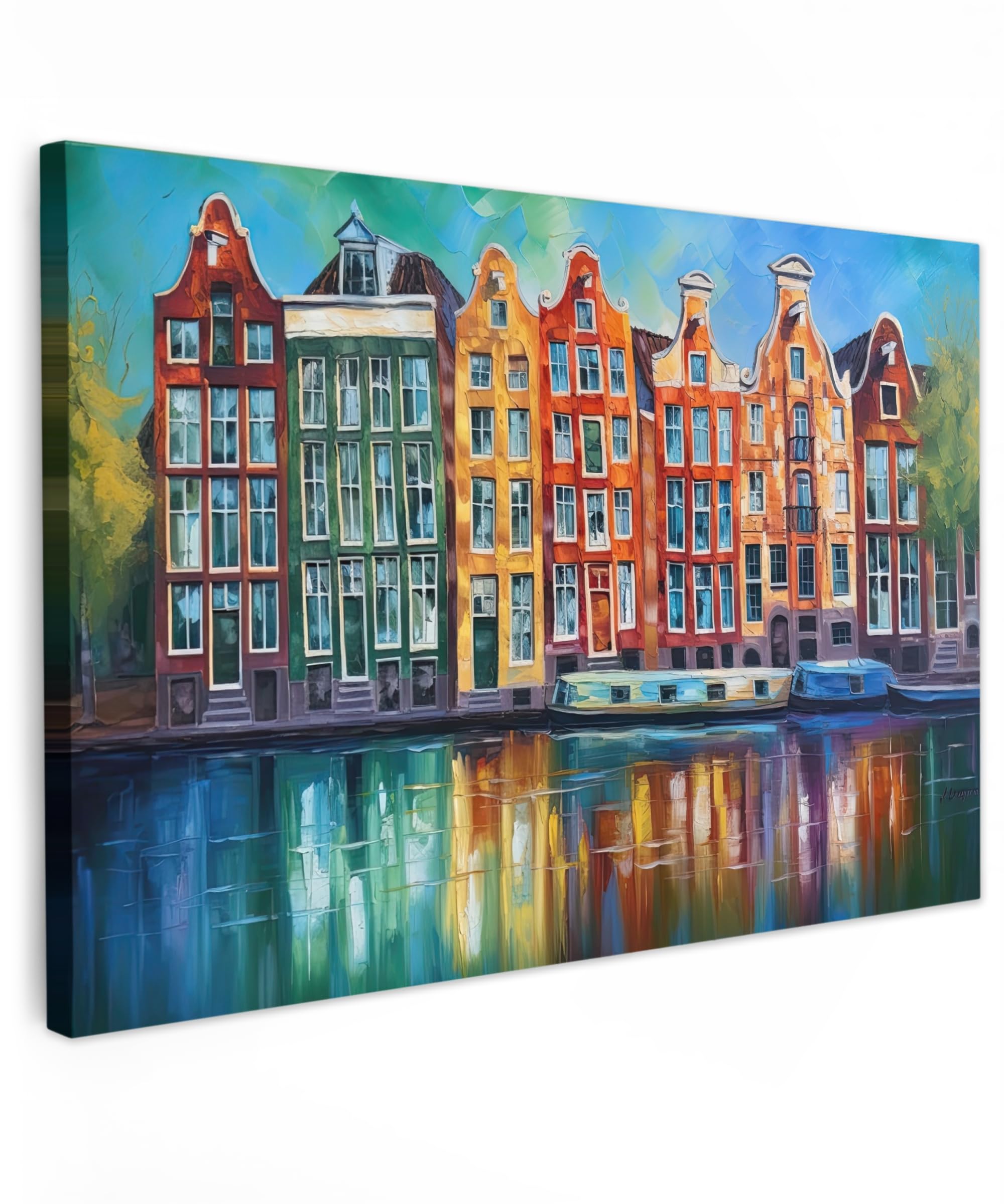 MuchoWow© Canvas Wall Art 35"x24" / 90x60 cm Decor Paintings Print framed on Canvas Pictures for Hallway Amsterdam - Oil paint - Canal - Painting - Art