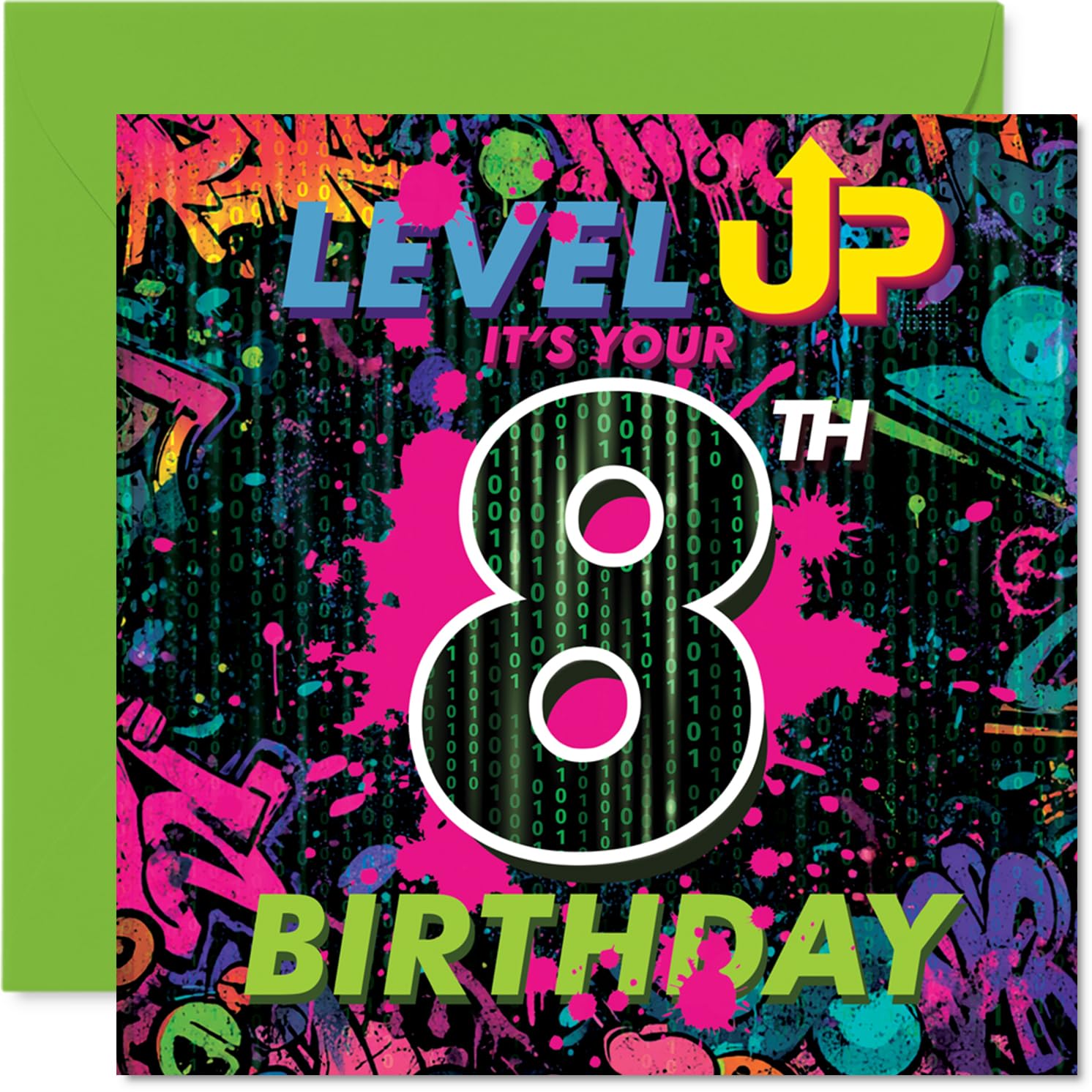Playful 8th Birthday Card - Level Up to 8 with Gaming Fun - Bright, Bold Graphics and Playful Colours - Ideal for Any Keen Little Gamer - 145mm Square, Envelope Included
