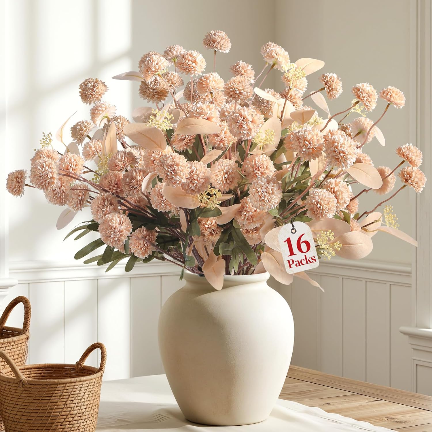 Alupssuc 16PCS Faux Silk Pompon Mums Artificial Flowers with Eucalyptus, Fake Ch…
