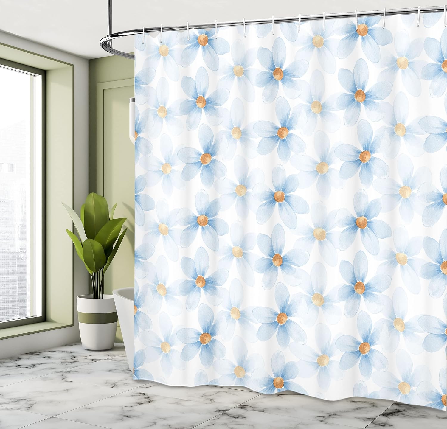 Ambesonne Watercolor Flower Shower Curtain, A Pastel Floral Pattern Print with Chamomiles and Daisies Inspired by Nature Art, Fabric Bathroom Decor Set with Hooks, 69" W x 70" L, Blue Yellow White