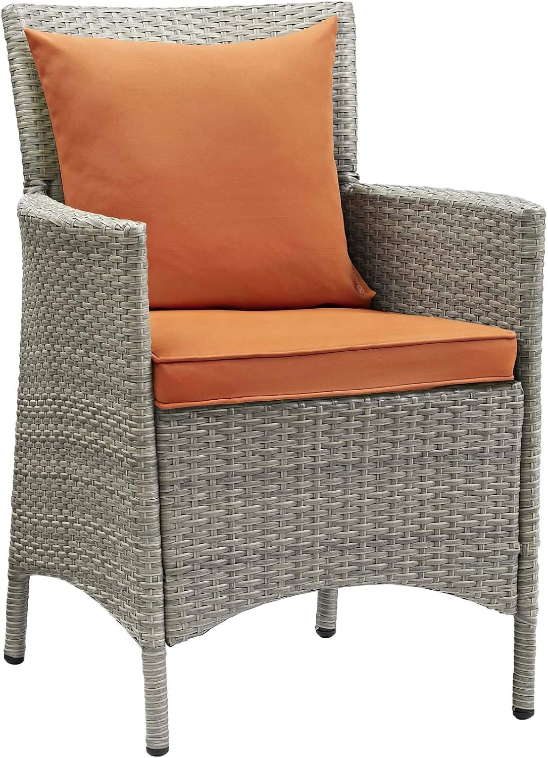 Modway Conduit Wicker Rattan Outdoor Patio Dining Arm Chair with Cushion in Light Gray Orange