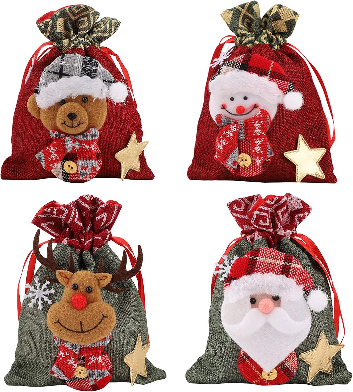4 Pieces Christmas Drawstring Gift Bags Xmas Santa Claus Snowman Elk