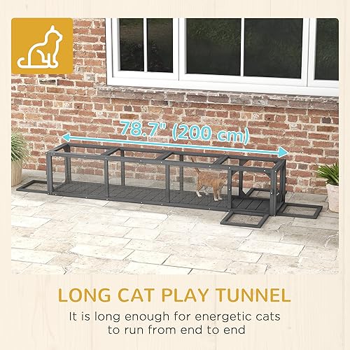 Miniatura 6 de PawHut Túnel para gatos al aire libre con diseño extensible, carrera de madera para gatos de 79 pulgadas de largo con protección contra la