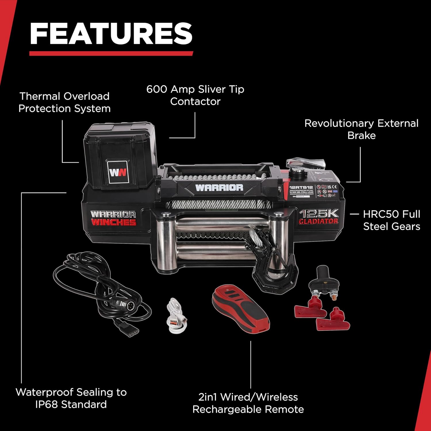 Warrior Winches Gladiator 12500lbs Winch 12v Electric Winch with Steel Rope with Wired/Wireless Remote and Powerful Motor, IP68 Waterproof Electric Winch, for Offroad, Jeeps, SUVs, 4x4, Truck Winch