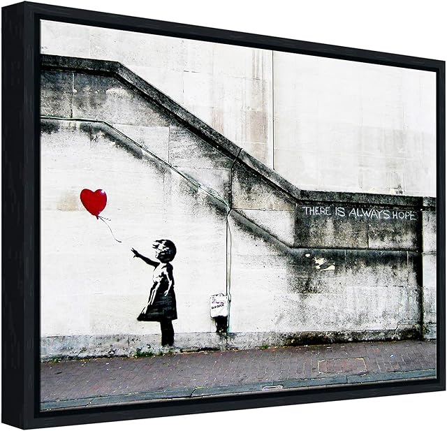 Wieco Art Black Framed Canvas Prints Wall Art of Banksy Grafitti Girl with Red Balloon Grey Love Pictures Paintings for Living Room Bedroom Home Decorations BANKSY-1-3040-BF