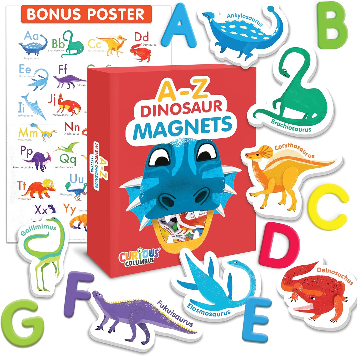 Curious Columbus Dinosaur Toddler Magnets for Refrigerator | Set of 52 Kids Fridge Magnets with 26 Magnetic Letters from A-Z and 26 Magnetic Dinosaurs | Large Paper Dino Poster Included