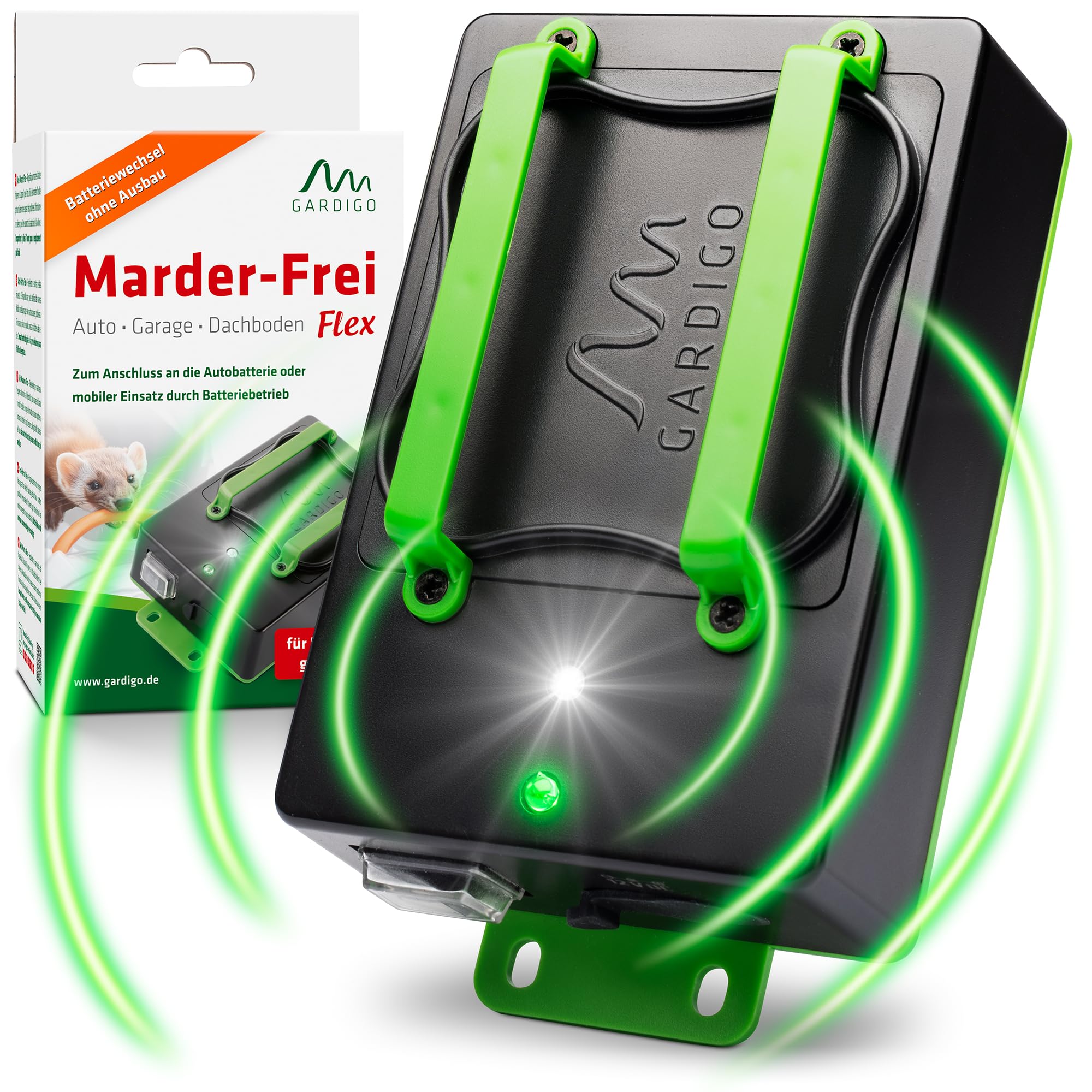 Gardigo® Dispositivo Anti Martore a Batterie | Repellente Antiroditori per Auto, Casa | Facile Sostituzione Batterie | Ultrasuoni per Allontanare Roditori Vano Motore, Soffitta | Repellente Topi Auto