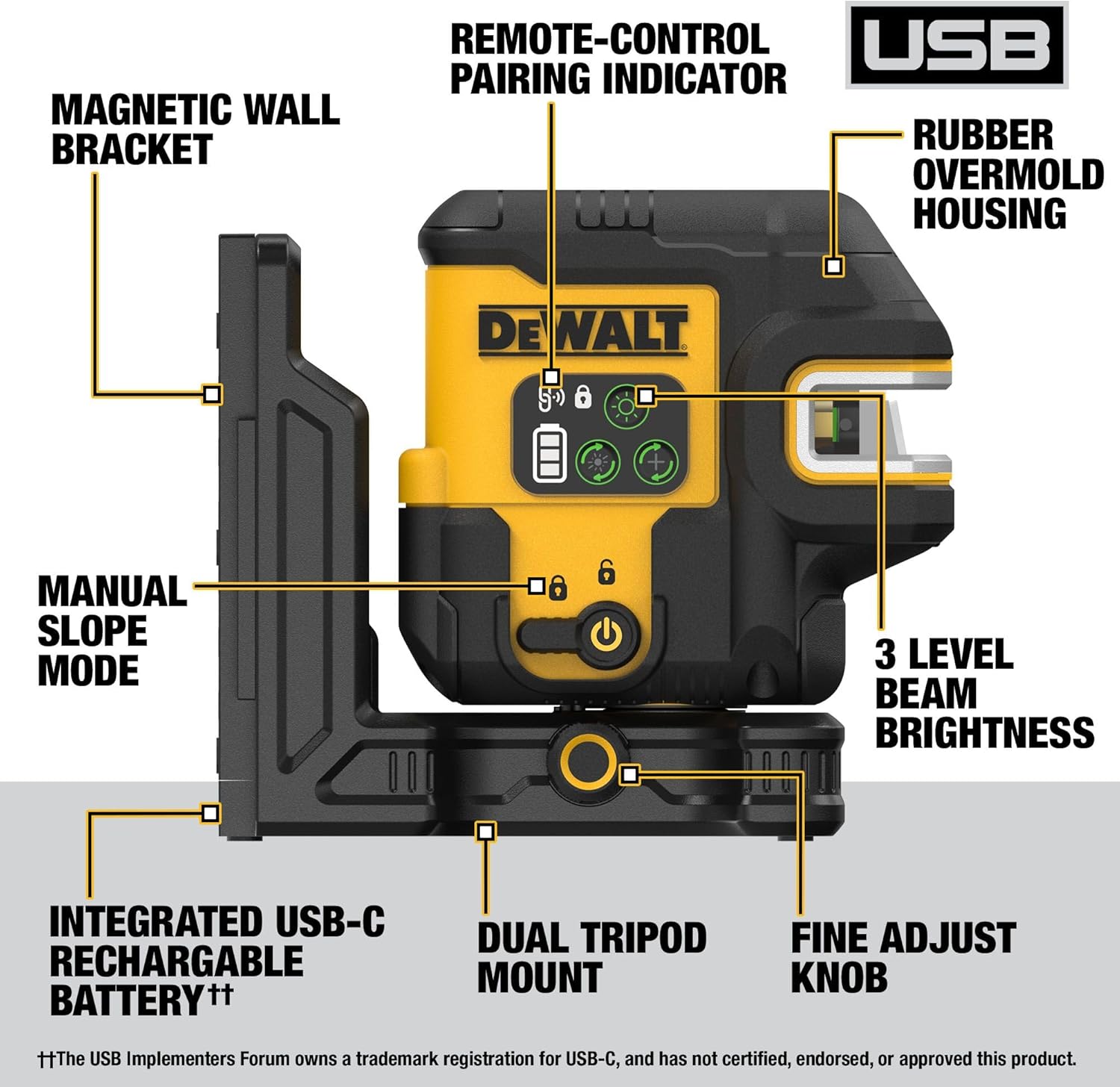 DEWALT 150 ft Green Cross Line 5 Spot USB Rechargeable Laser Level Kit with Remote Control, Self Leveling, Adjustable Brightness, Adapter USB Cable and Bracket Included,Tripod Compatible (DCLE14251G)
